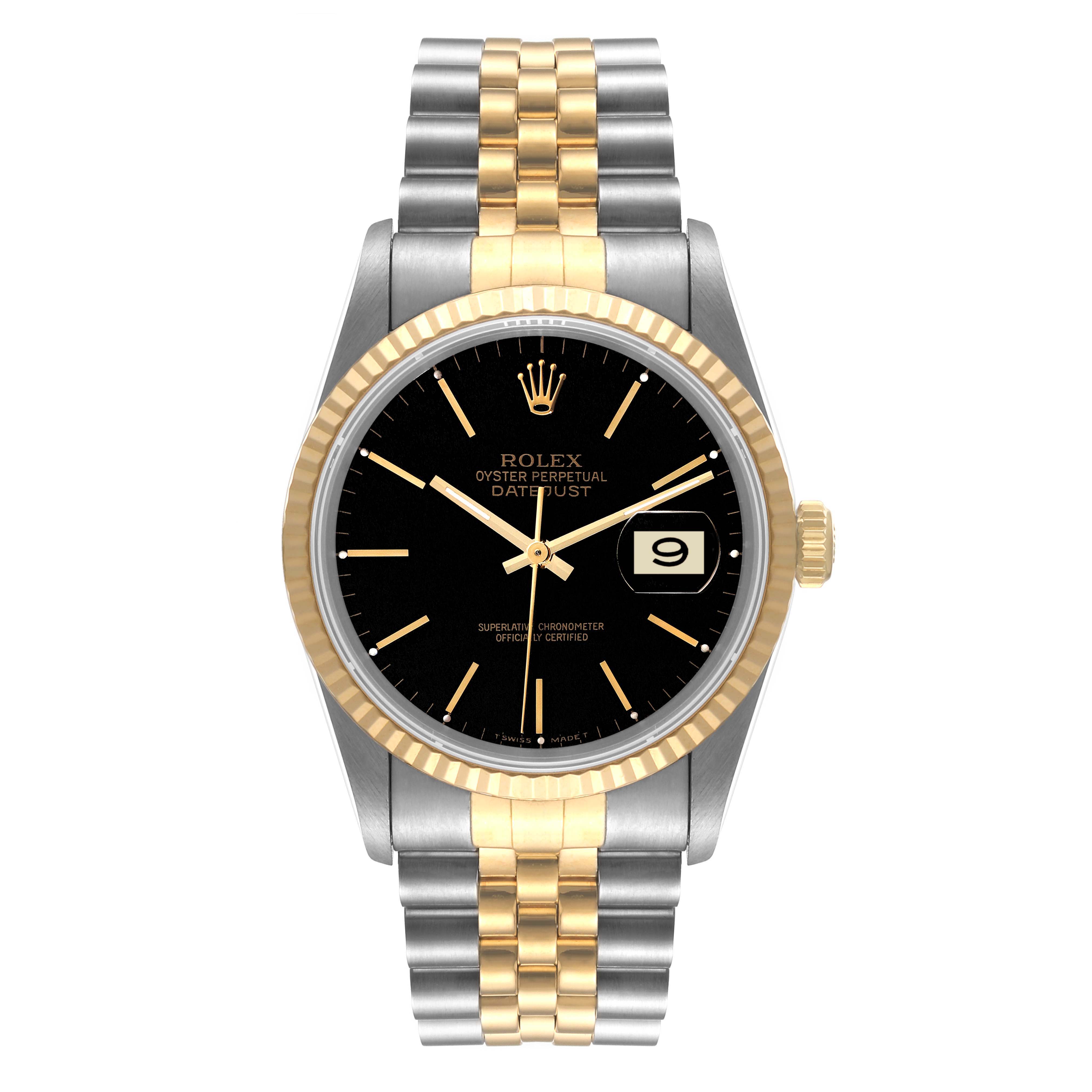 This image shows a Rolex Datejust 16233 Men's Steel and Gold (two tone) Black Dial 16233 Men's Steel and Gold (two tone) Black Dial watch from the front, highlighting its face, bezel, and two-tone bracelet.