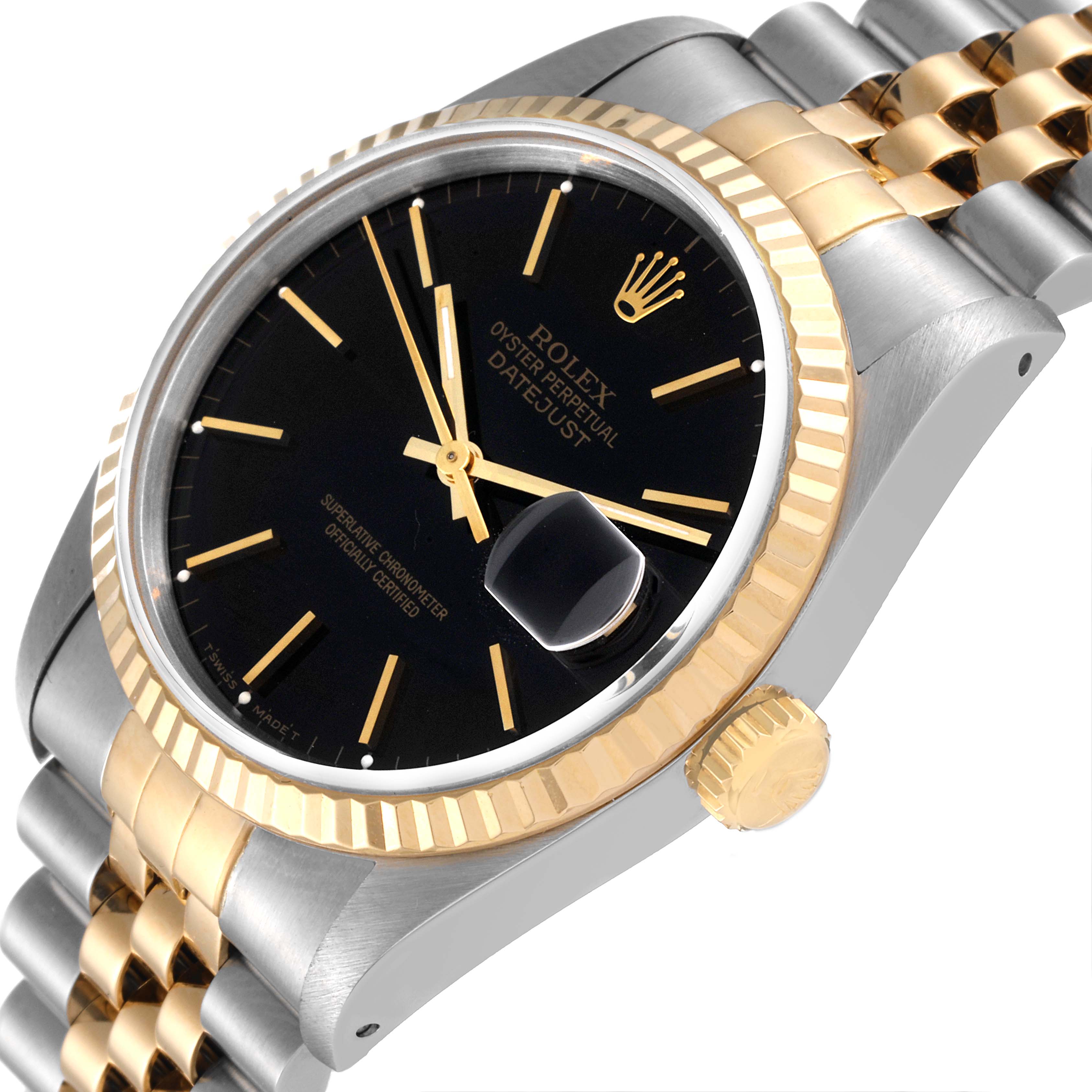 The image shows a close-up angle of a Rolex Datejust 16233 Men's Steel and Gold (two tone) Black Dial 16233 Men's Steel and Gold (two tone) Black Dial watch, highlighting the bezel, black dial, and crown, as well as part of the bracelet.
