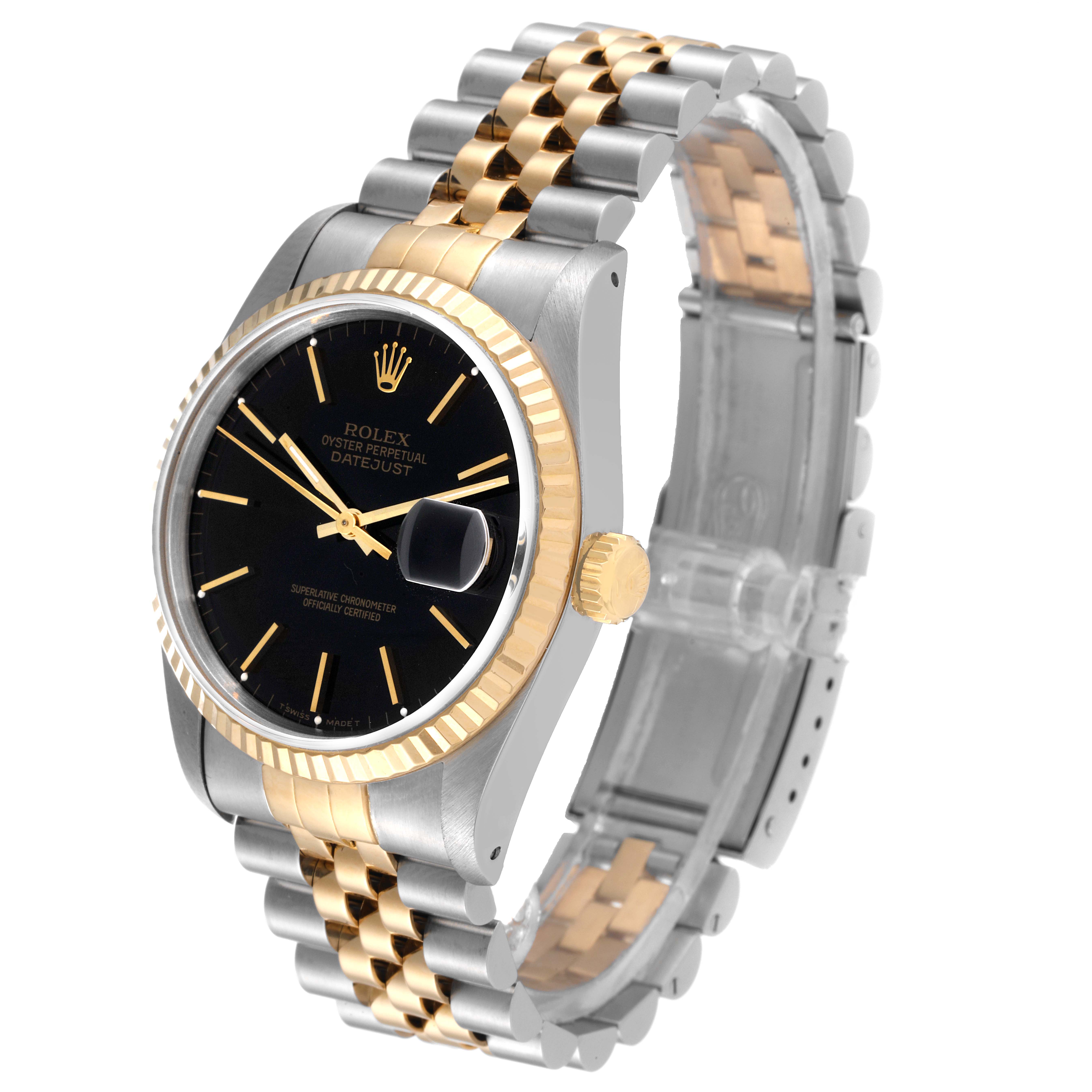 The image shows the Rolex Datejust 16233 Men's Steel and Gold (two tone) Black Dial 16233 Men's Steel and Gold (two tone) Black Dial watch angled to display its face, bezel, crown, and Jubilee bracelet.