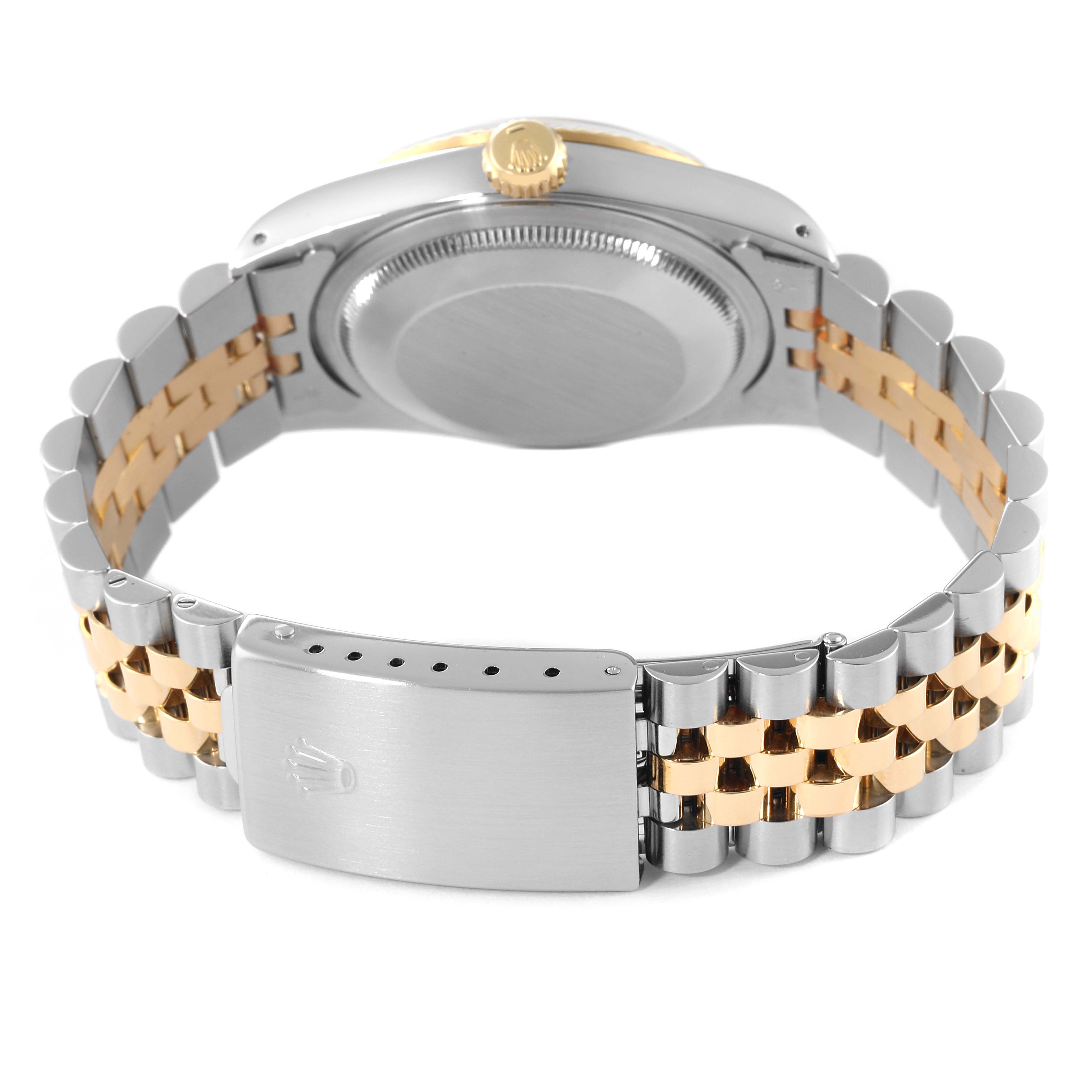 The image shows the back view of a Rolex Datejust 16233 Men's Steel and Gold (two tone) Black Dial 16233 Men's Steel and Gold (two tone) Black Dial watch, highlighting the case back, crown, and two-tone bracelet.