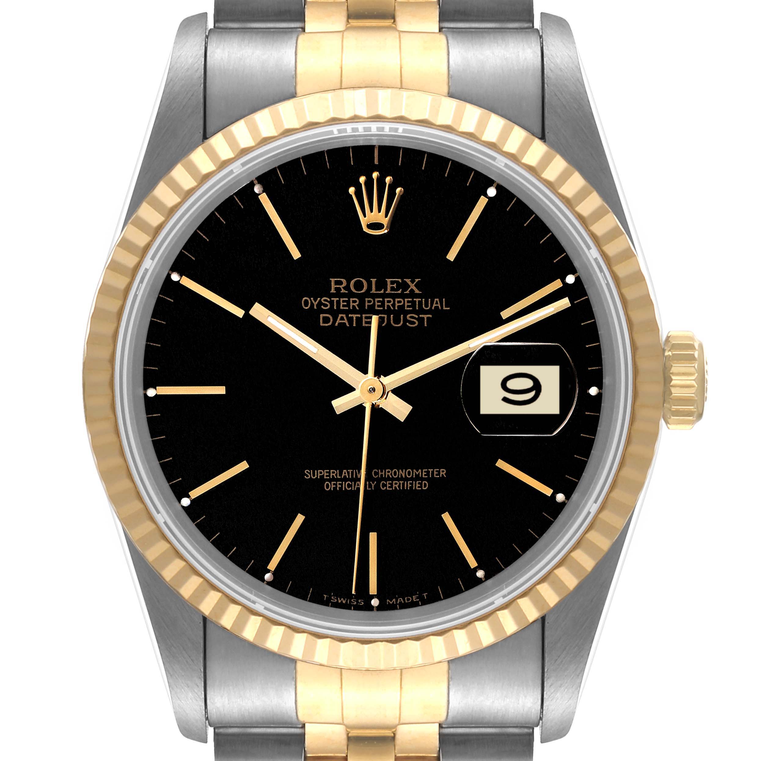 The image shows a front view of a Rolex Datejust 16233 Men's Steel and Gold (two tone) Black Dial 16233 Men's Steel and Gold (two tone) Black Dial watch, highlighting the dial, bezel, crown, and part of the bracelet.