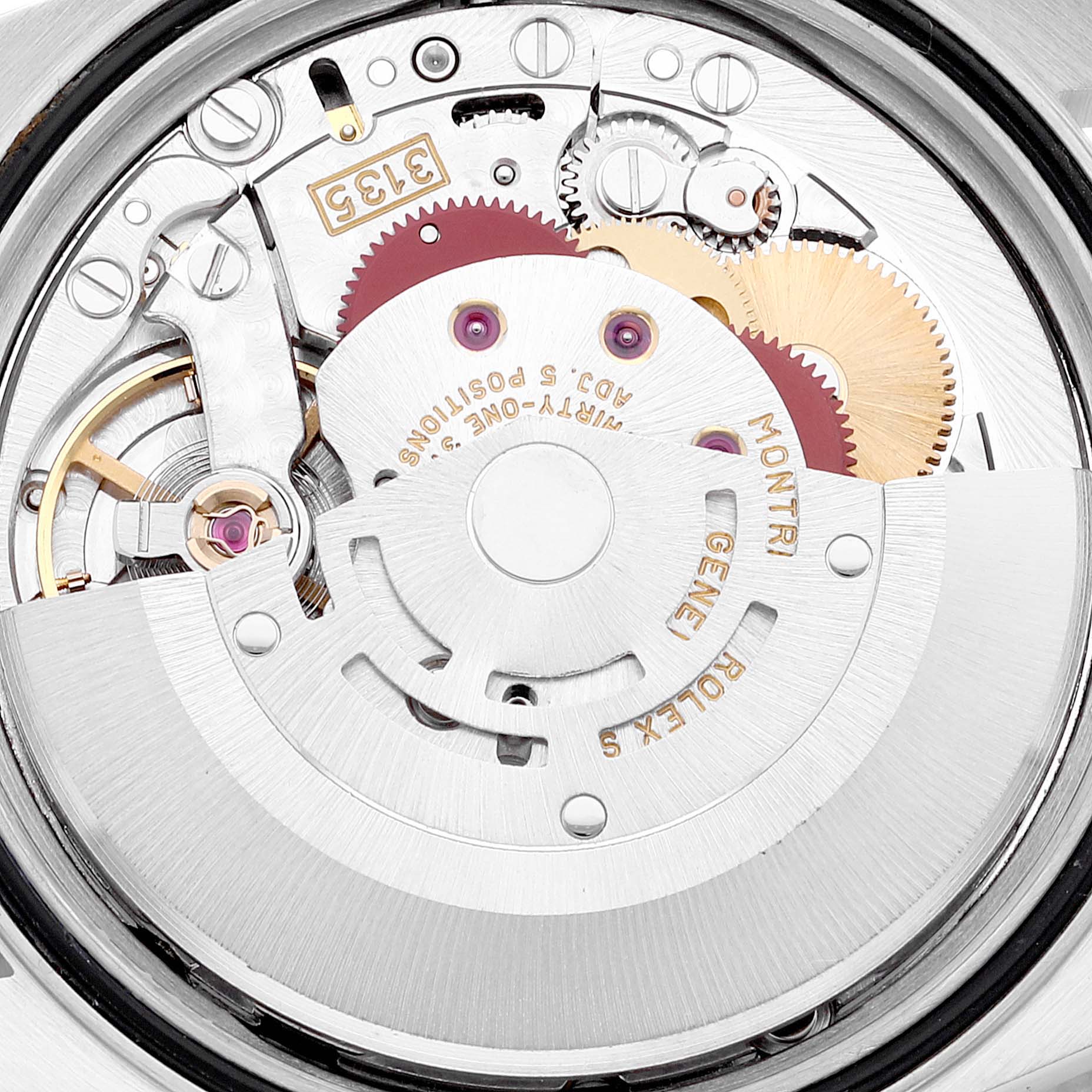 This image shows the inner mechanical movement of a Rolex Datejust 16233 Men's Steel and Gold (two tone) Black Dial 16233 Men's Steel and Gold (two tone) Black Dial watch, focusing on the gears and rotor.