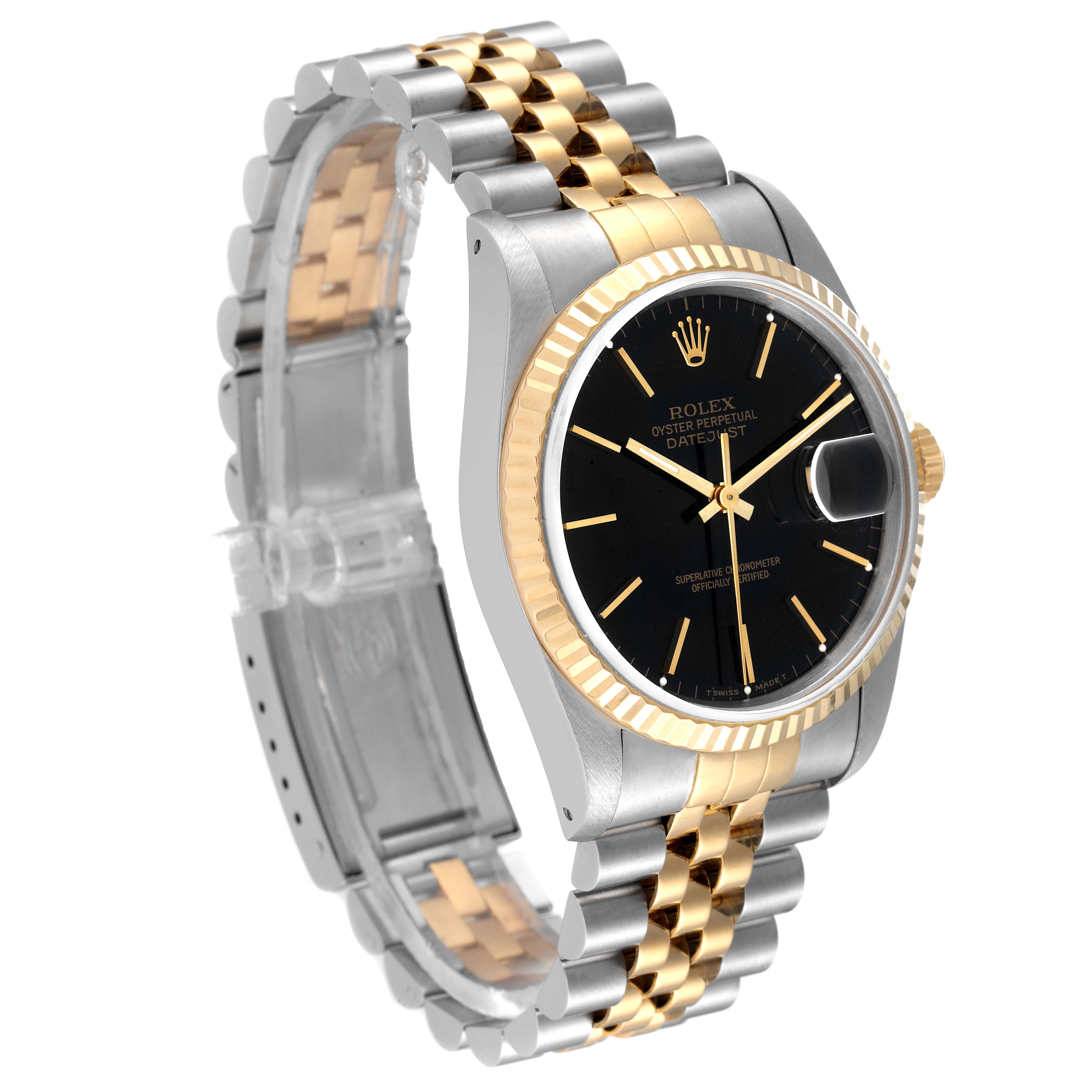 The Rolex Datejust 16233 Men's Steel and Gold (two tone) Black Dial 16233 Men's Steel and Gold (two tone) Black Dial watch is shown at an angled side view, highlighting its bezel, dial, case, and bracelet.