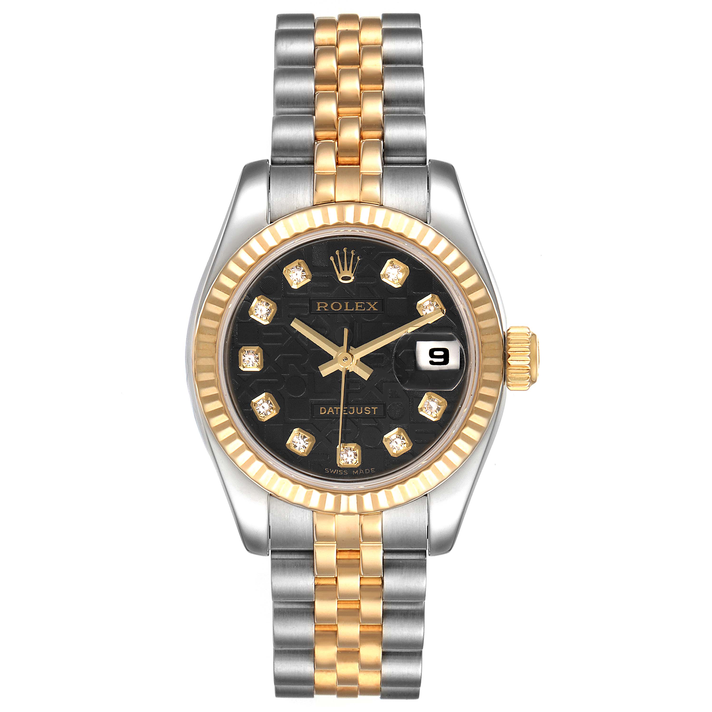 The Rolex Datejust 179173 Women's Steel and Gold (two tone) Black Dial 179173 Women's Steel and Gold (two tone) Black Dial watch is shown from a front angle, displaying its black dial, date window, gold bezel, and two-tone bracelet.