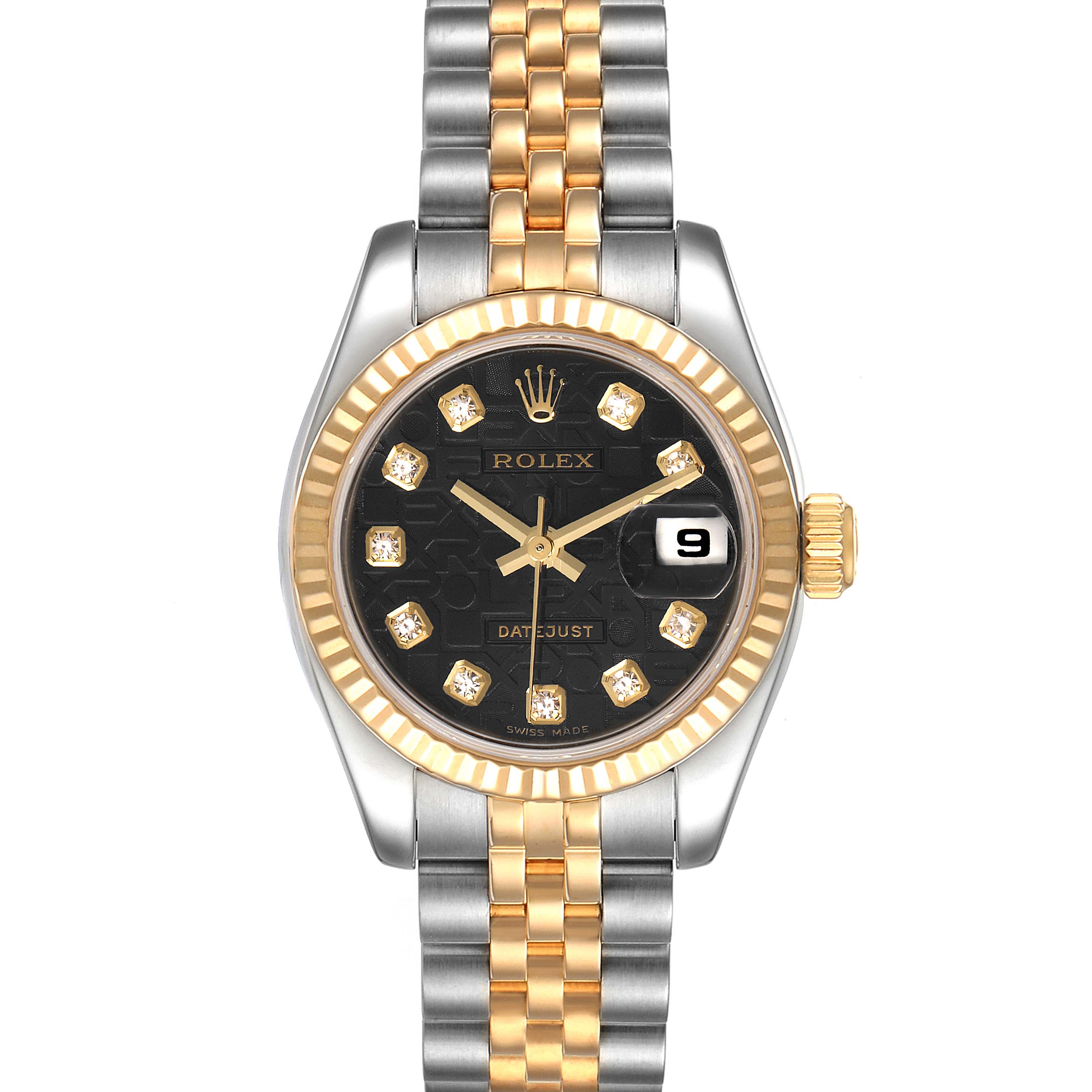 This Rolex Datejust 179173 Women's Steel and Gold (two tone) Black Dial 179173 Women's Steel and Gold (two tone) Black Dial watch is shown from the front, highlighting its two-tone bracelet, fluted bezel, black dial, and date window.