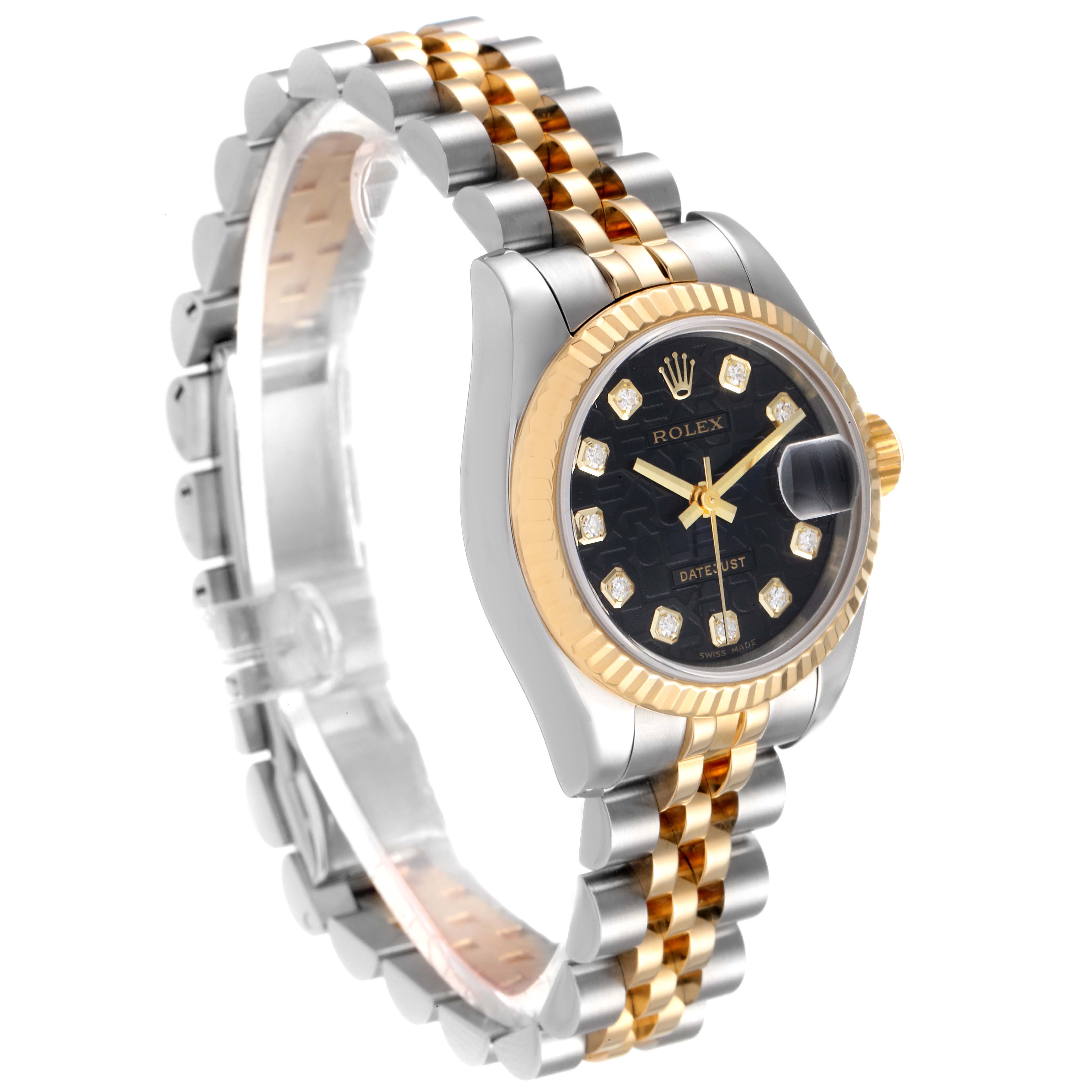 The image shows a Rolex Datejust 179173 Women's Steel and Gold (two tone) Black Dial 179173 Women's Steel and Gold (two tone) Black Dial model watch at a side angle, displaying the bezel, face, and two-tone bracelet.