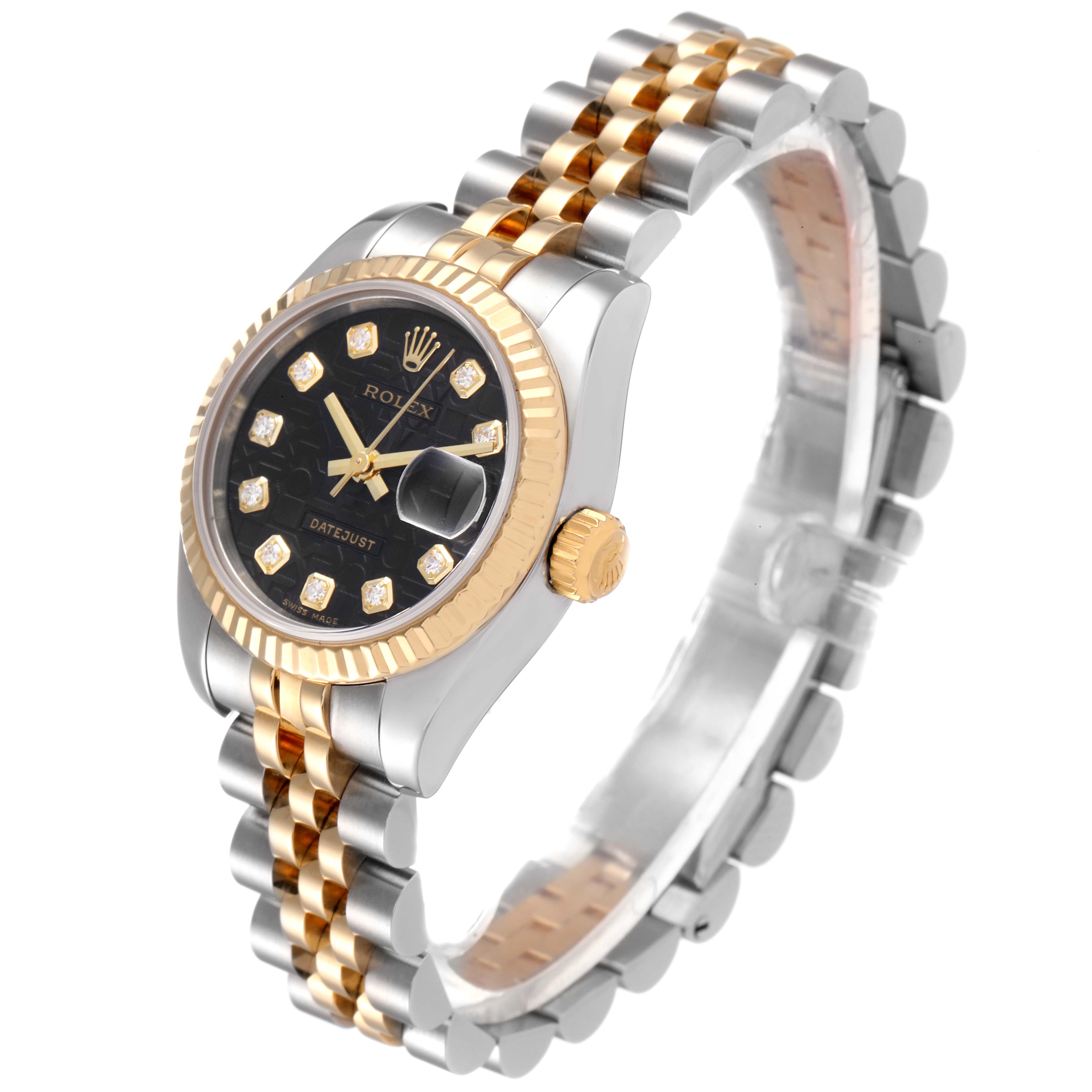 The image shows a Rolex Datejust 179173 Women's Steel and Gold (two tone) Black Dial 179173 Women's Steel and Gold (two tone) Black Dial watch angled slightly from the front, highlighting the face, bezel, crown, and bracelet.