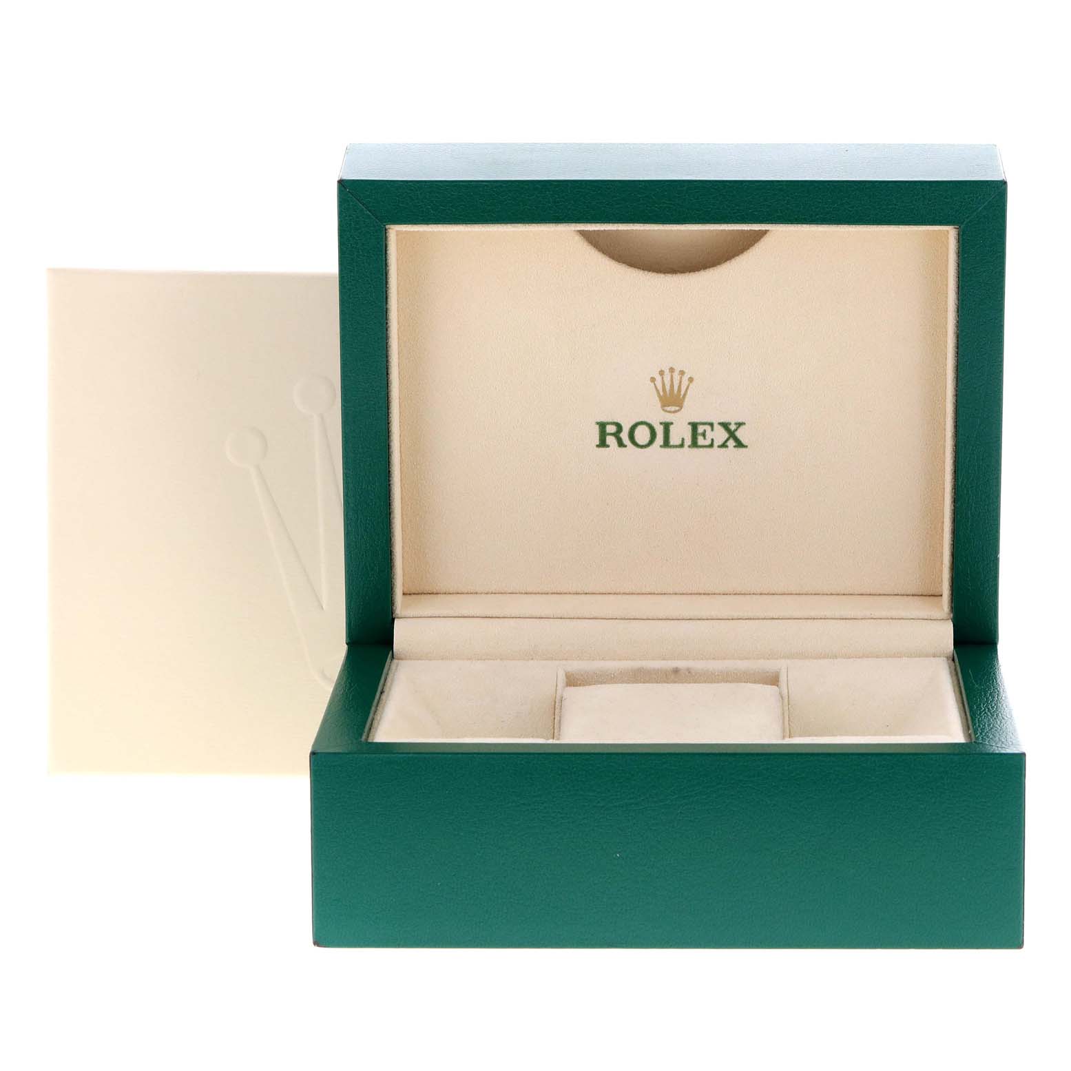This image shows an open green-and-cream Rolex box for a Datejust model watch.