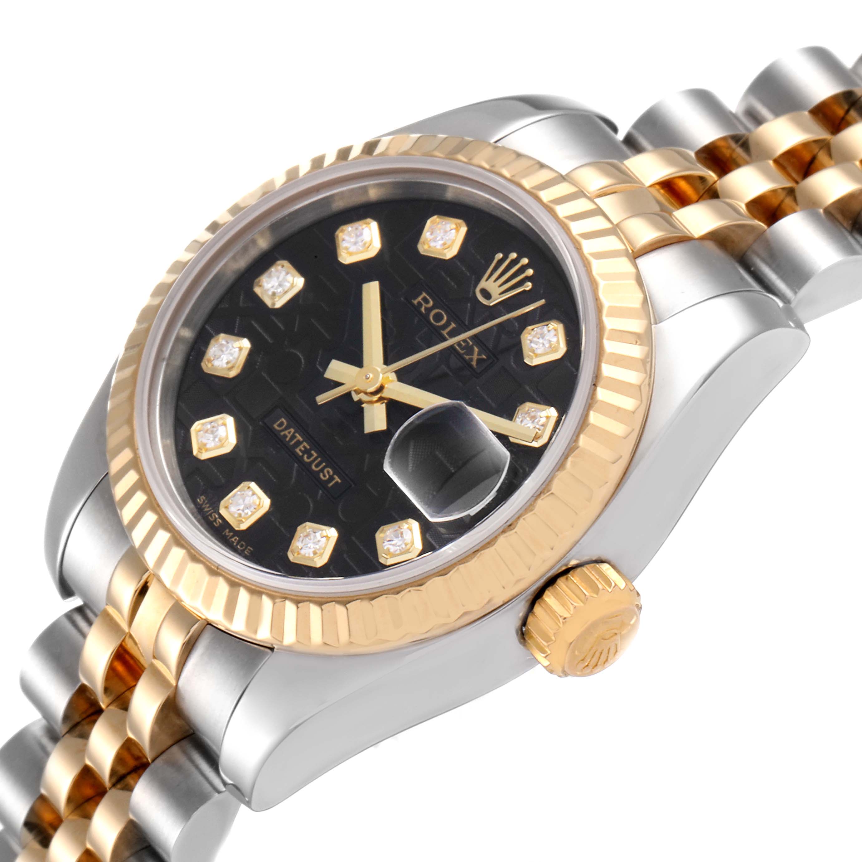 The Rolex Datejust 179173 Women's Steel and Gold (two tone) Black Dial 179173 Women's Steel and Gold (two tone) Black Dial watch is shown at a slight angle, highlighting the face, bezel, crown, and part of the bracelet.