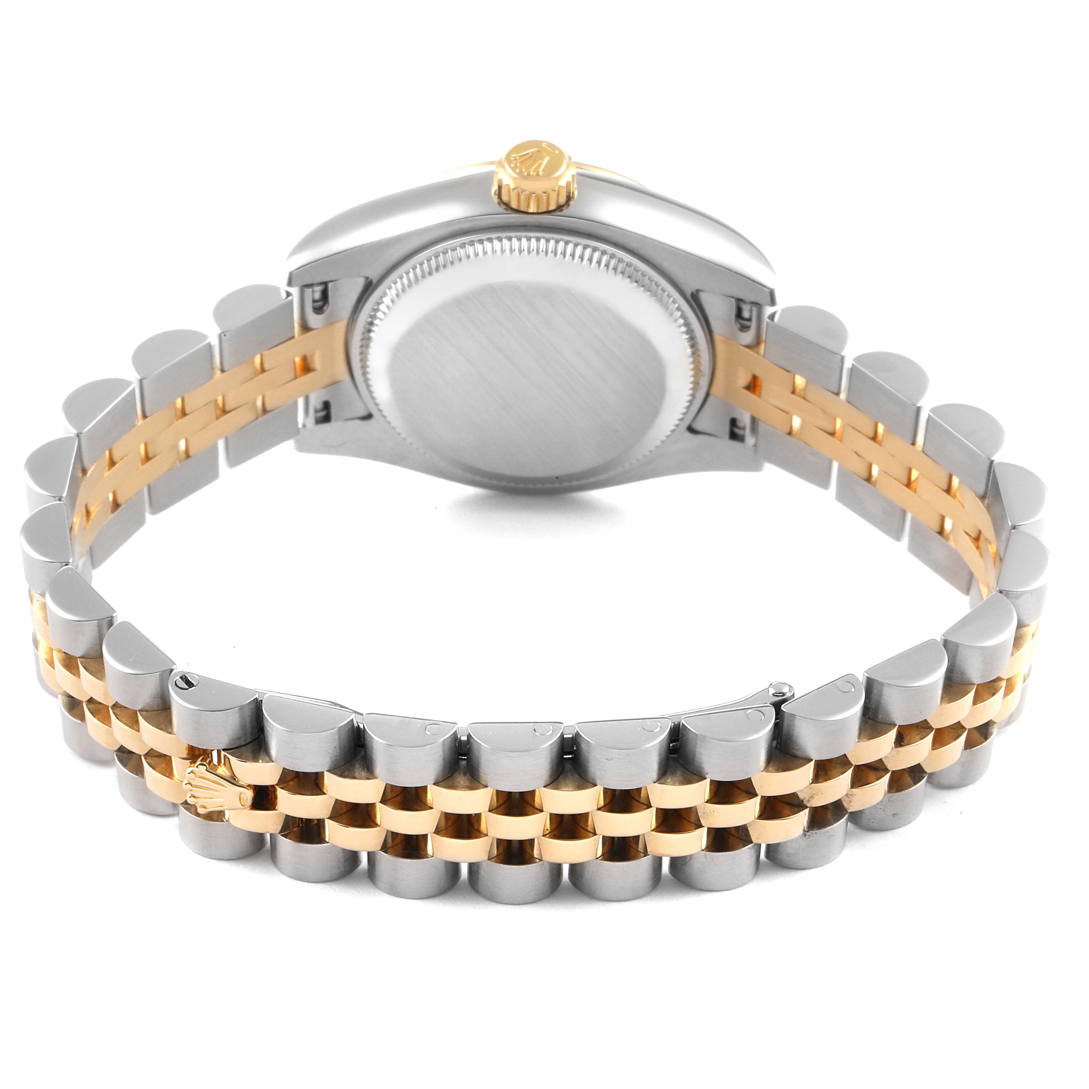 The image shows the back view of a Rolex Datejust 179173 Women's Steel and Gold (two tone) Black Dial 179173 Women's Steel and Gold (two tone) Black Dial watch, highlighting the case back and two-tone Jubilee bracelet.