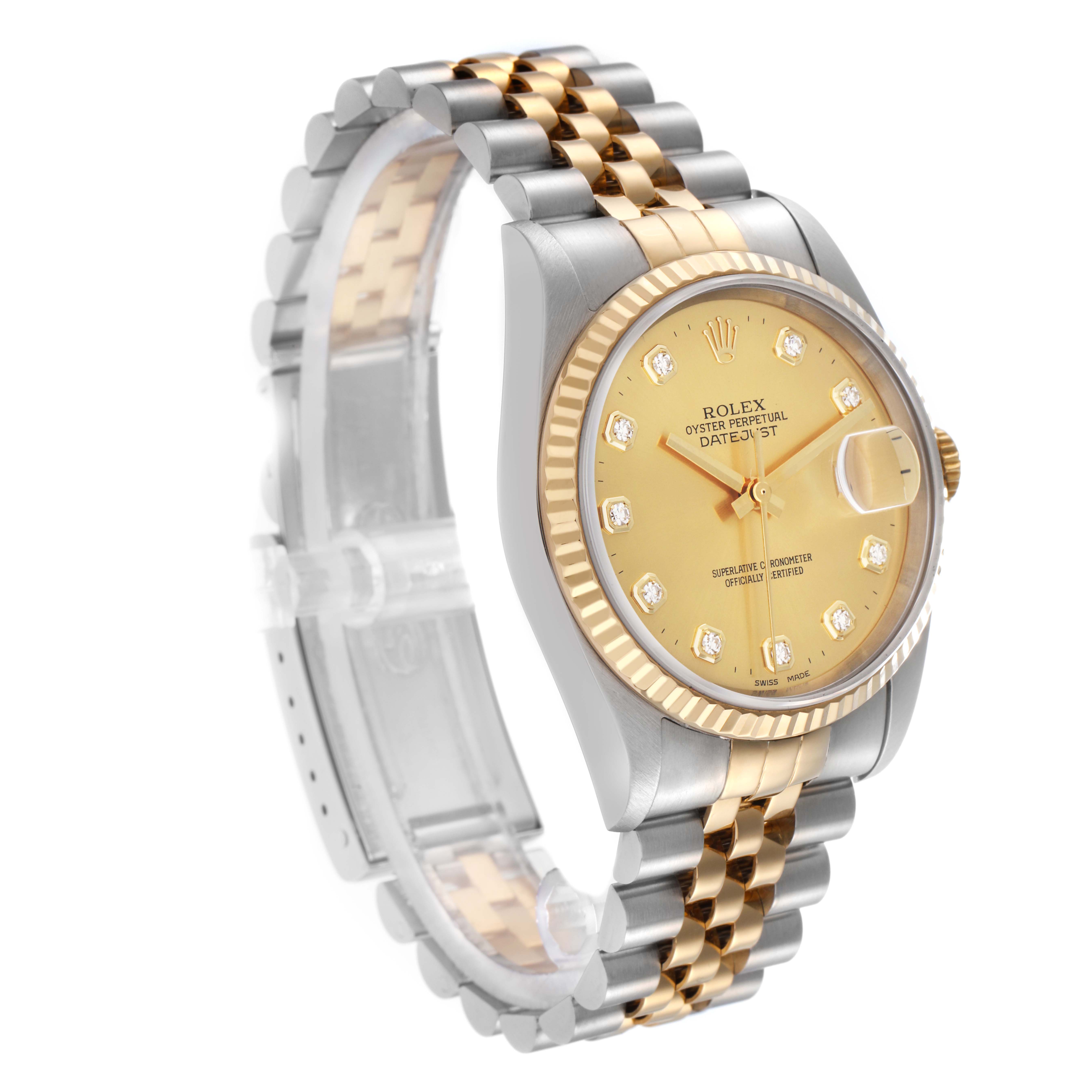 The image shows a Rolex Datejust 16233 men
s watch at a three-quarter angle, highlighting the watch face, bezel, and Jubilee bracelet.