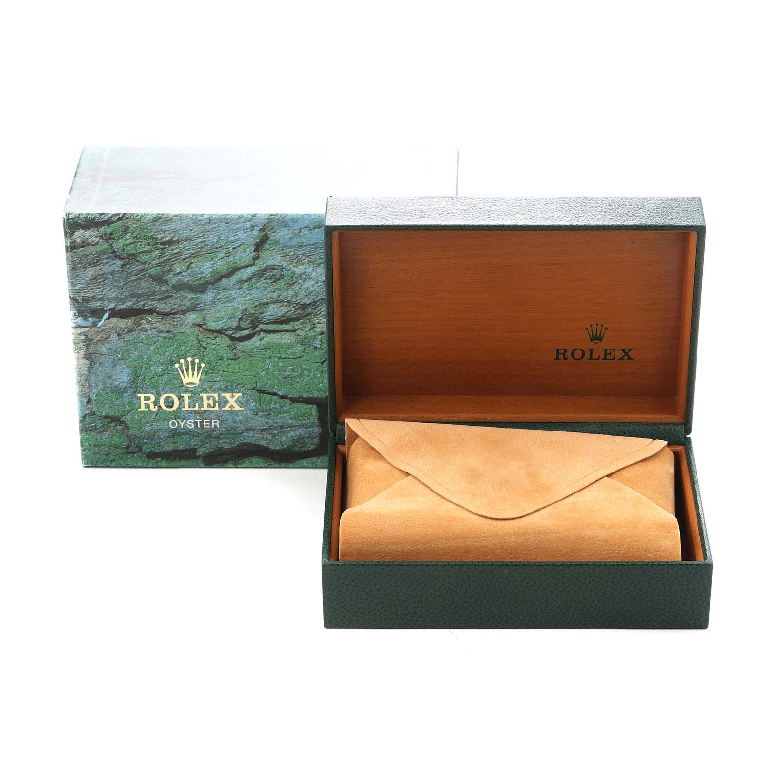 The image displays a Rolex Datejust model 16233 watch box and pouch, viewed from the front, showing the exterior packaging and open wood-lined inner box.