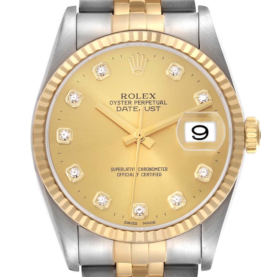 The Rolex Datejust model 16233 men's watch is shown from a front angle, highlighting the gold bezel, dial, hands, date window, and part of the bracelet.