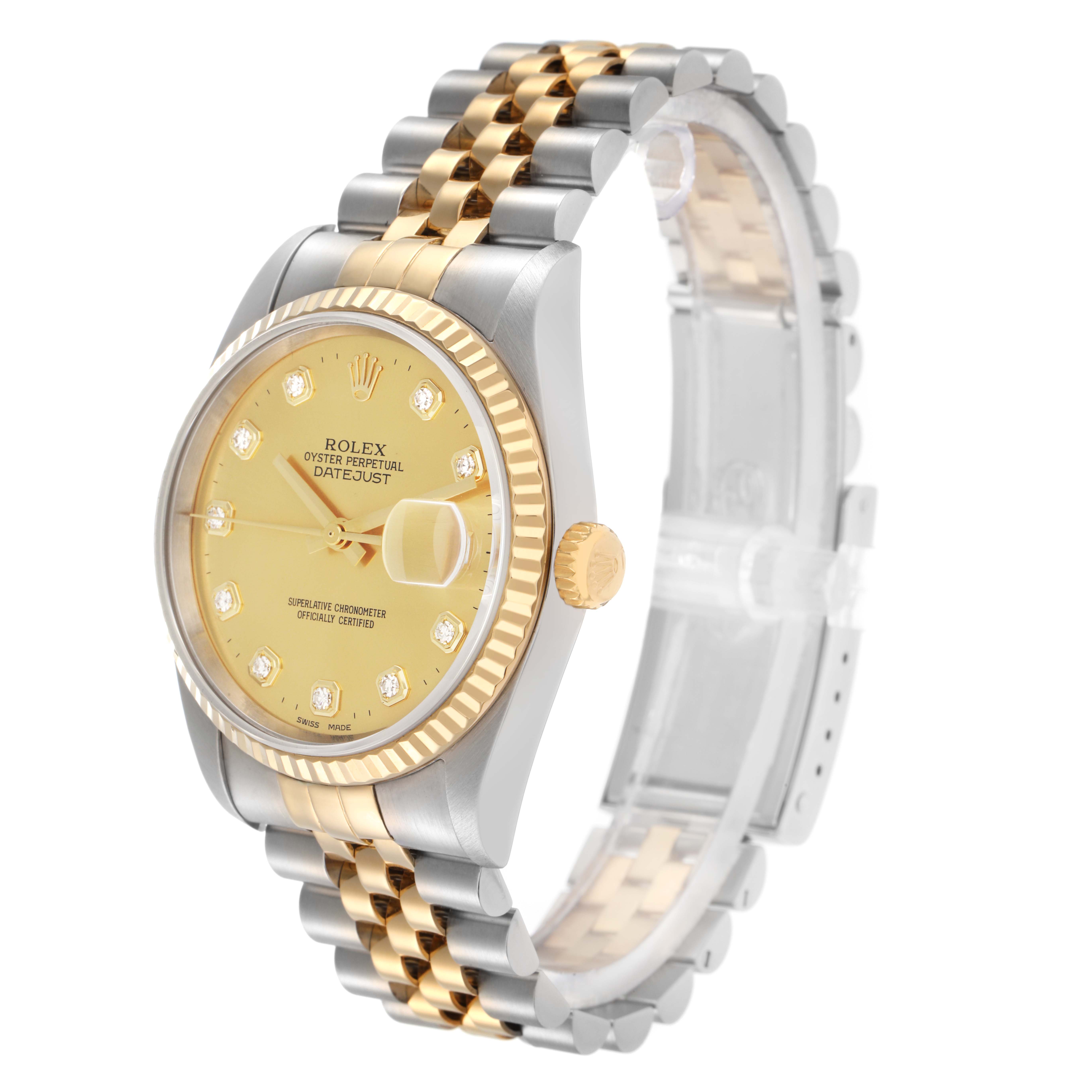 The Rolex Datejust model 16233 is shown at a three-quarter angle, highlighting its gold and silver tone, fluted bezel, dial, case, crown, and two-tone bracelet.