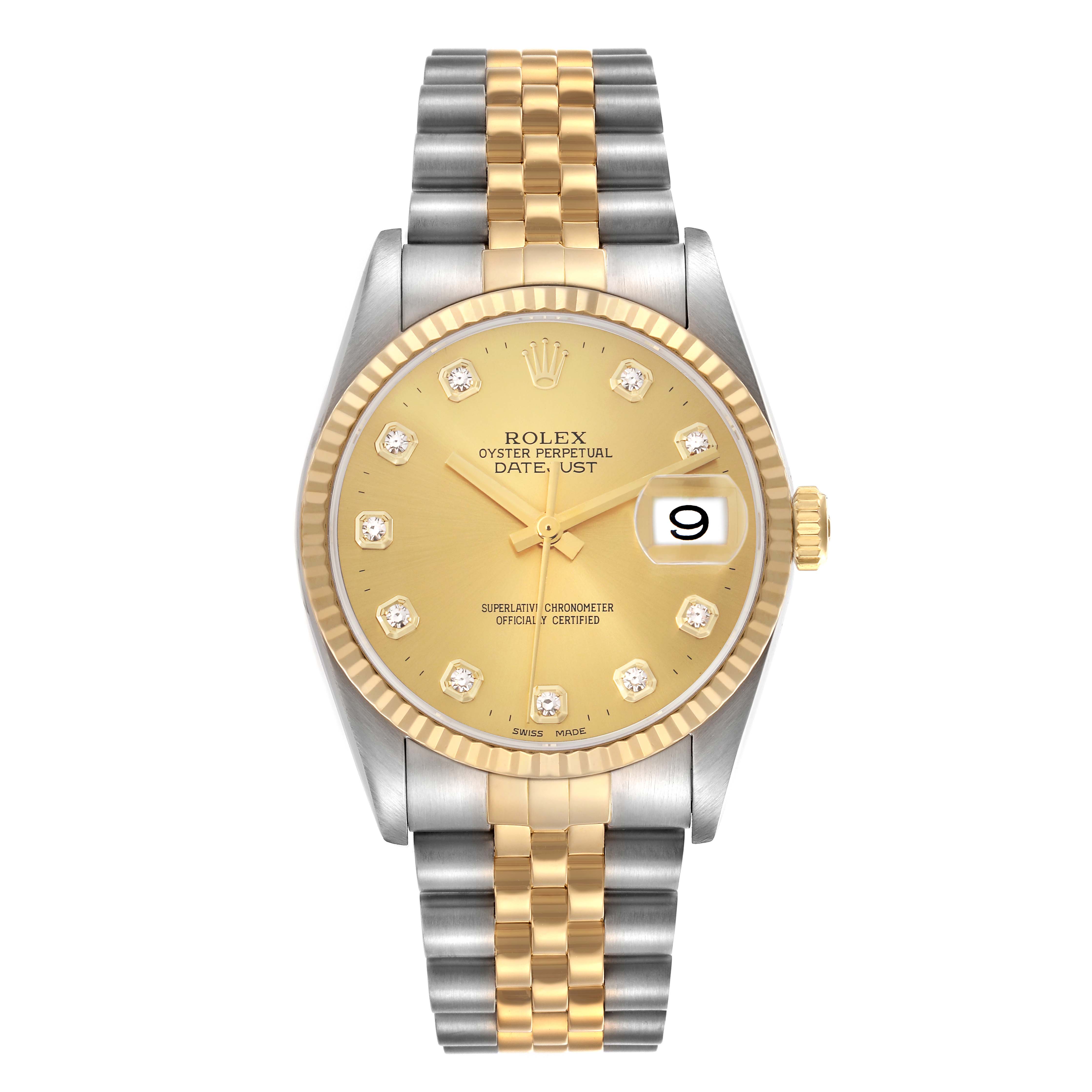 The image shows a frontal view of a Rolex Datejust model 16233 men
s watch, highlighting its gold dial, diamond markers, fluted bezel, and two-tone bracelet.