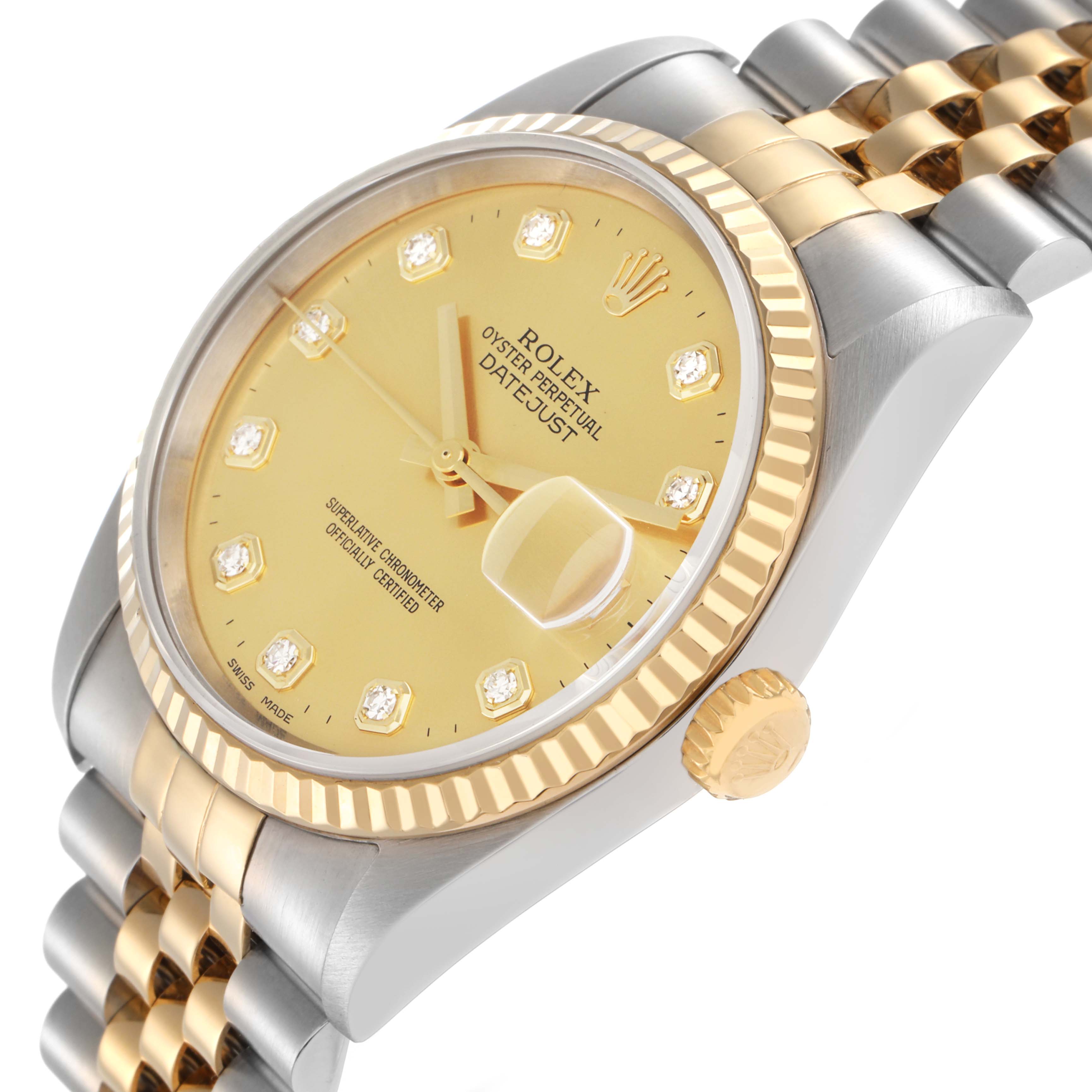The image shows a side angle of the Rolex Datejust model 16233, highlighting the fluted bezel, jubilee bracelet, and gold dial with diamond hour markers.