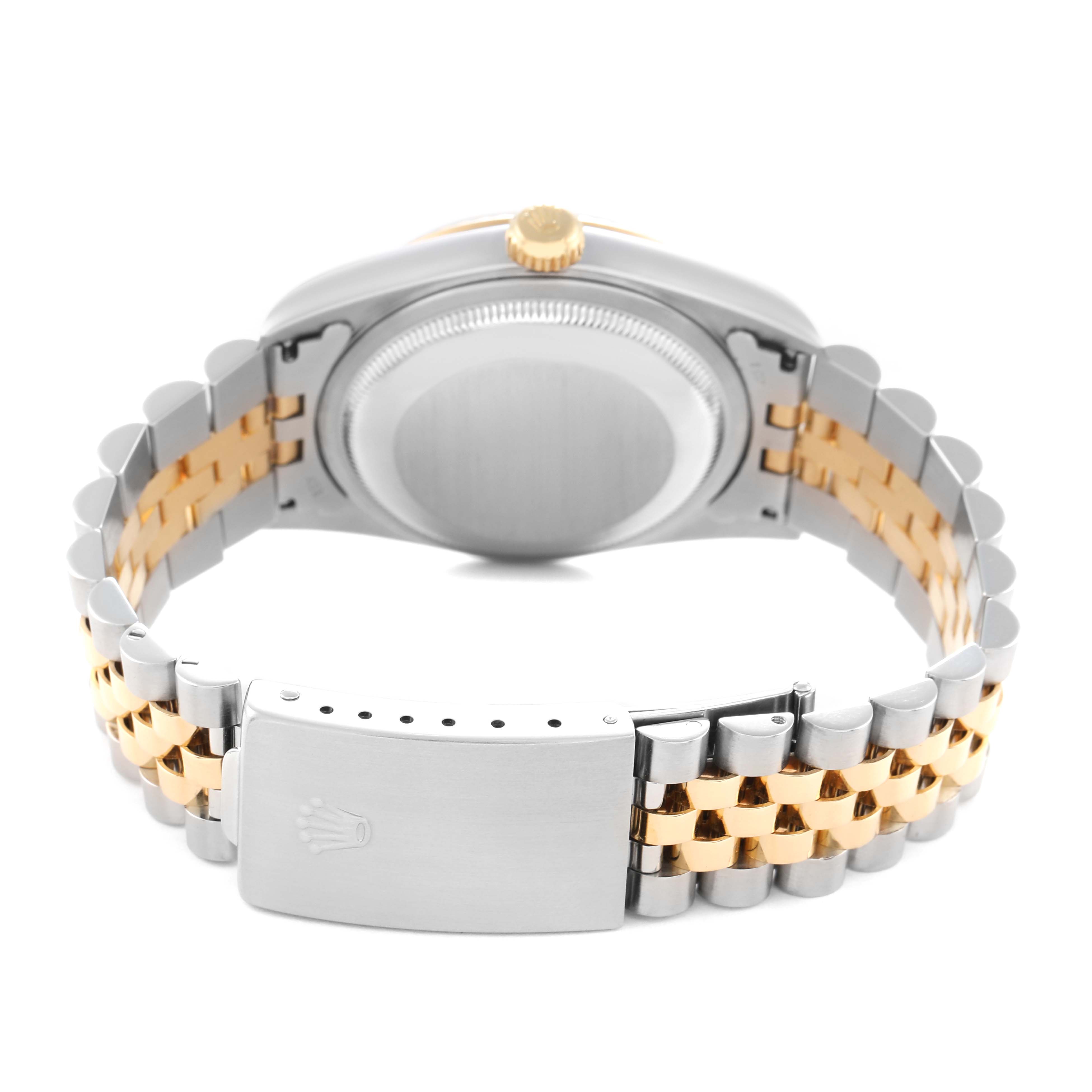 The image shows the backside and bracelet of a Rolex Datejust model 16233 men
s watch, highlighting its stainless steel and gold Jubilee bracelet and clasp.