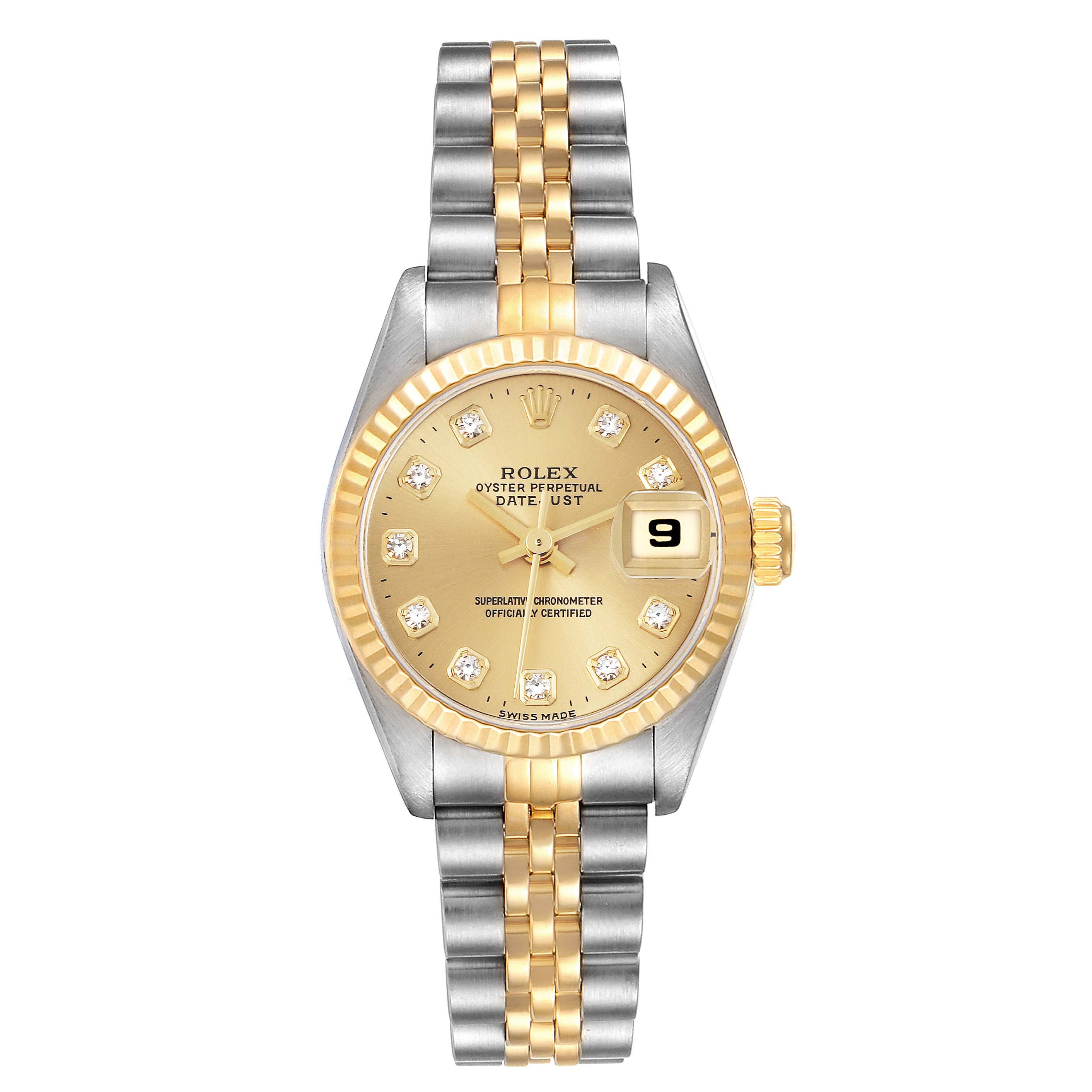 The Rolex Datejust model 69173 is shown from a top view, highlighting the dial, fluted bezel, bracelet, and date display.
