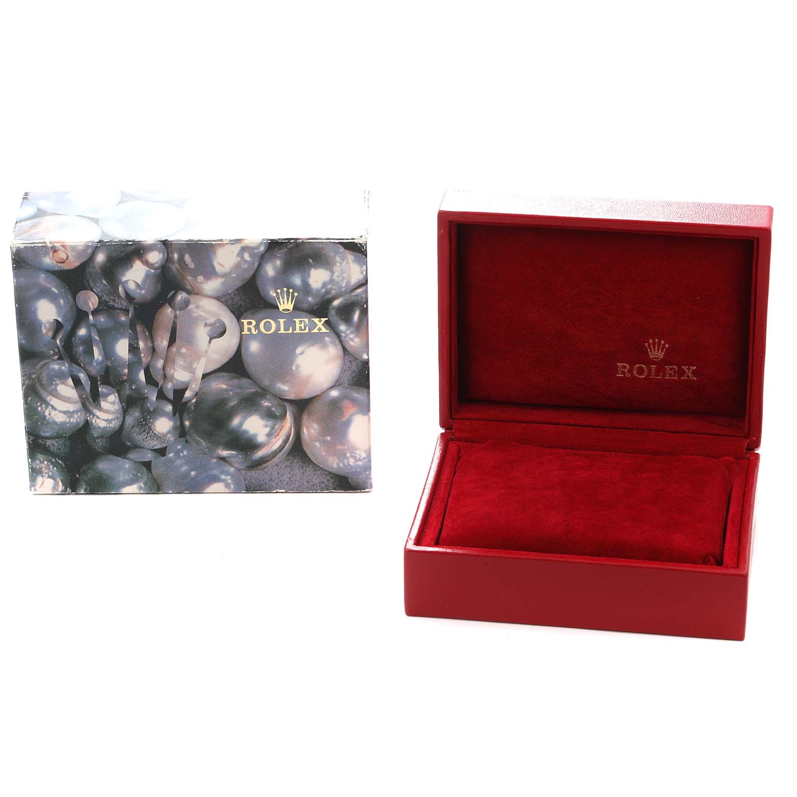 The image shows an open Rolex watch box with a red interior and a separate outer box featuring the Rolex logo for the Datejust model 69173.