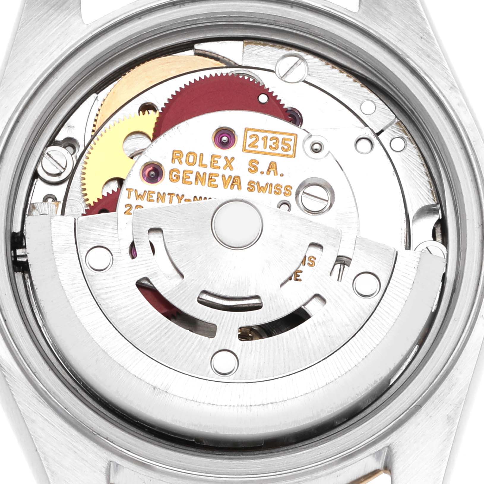 The image shows the movement of a Rolex Datejust model 69173 from the back, revealing the mechanical components and the rotor inscribed with "Rolex S.A."