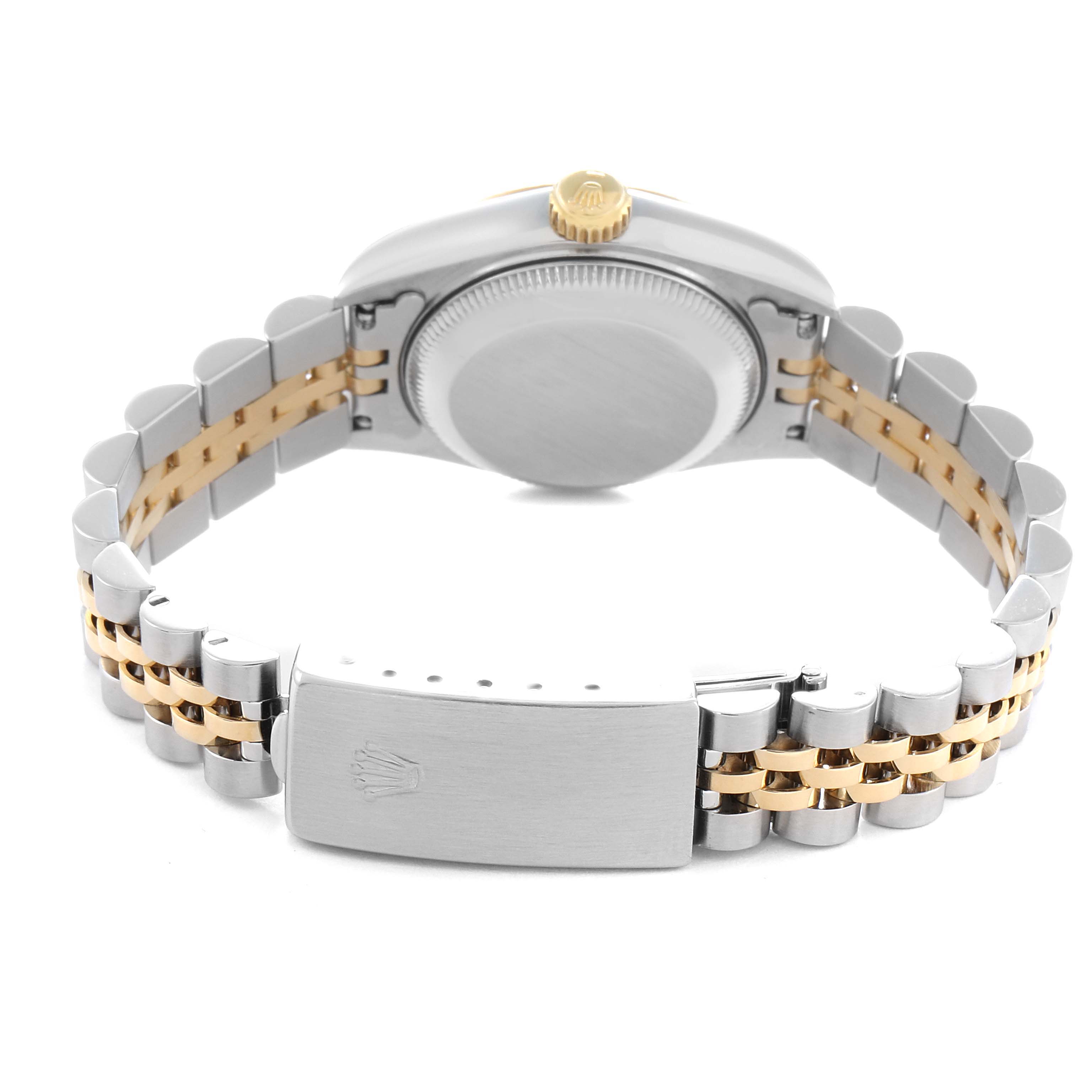 This image shows the back angle of the Rolex Datejust model 69173 men
s watch, highlighting the case back, crown, and Jubilee bracelet with clasp.