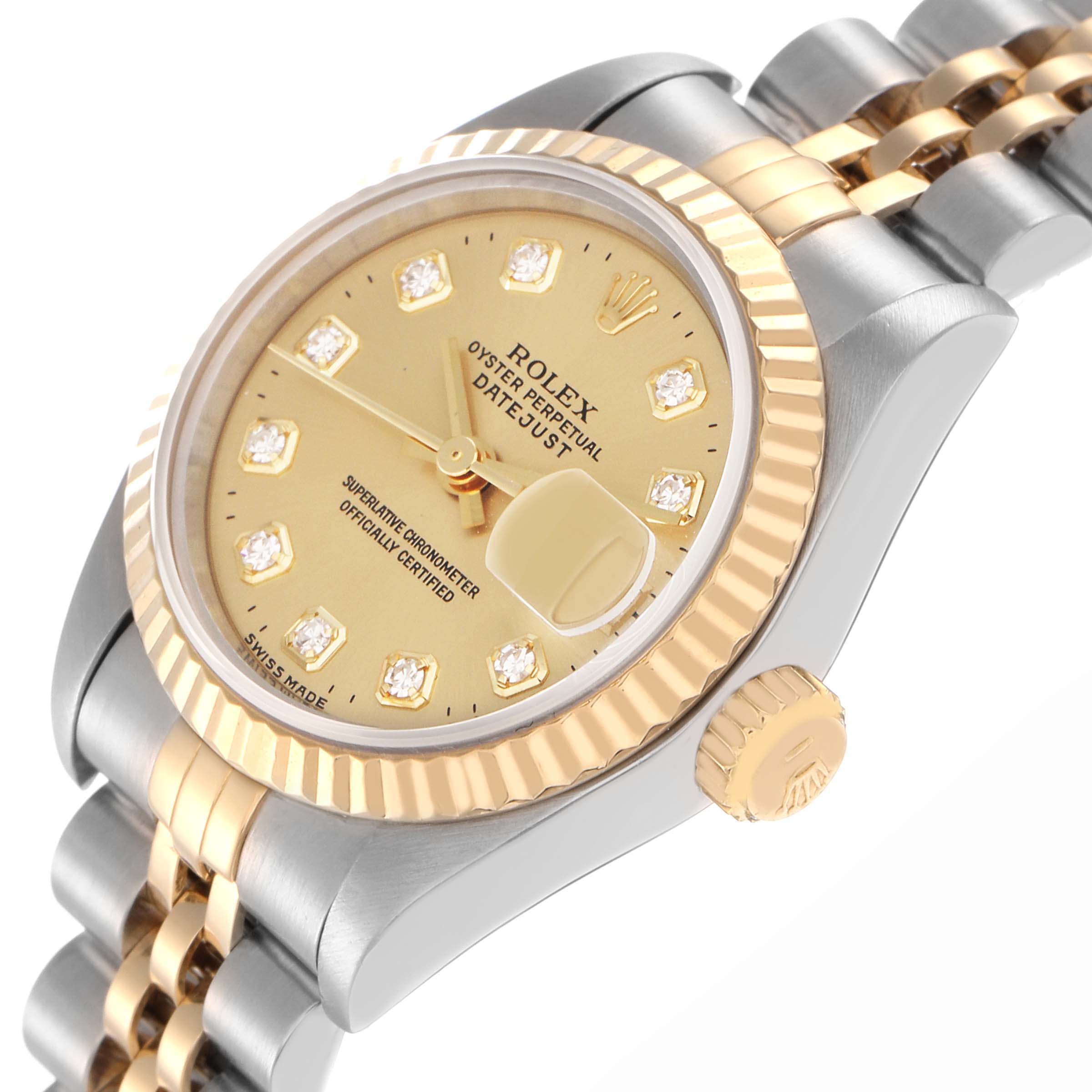 The Rolex Datejust model 69173 is shown at a side angle, displaying the gold and silver jubilee bracelet, fluted bezel, crown, and diamond hour markers on the dial.