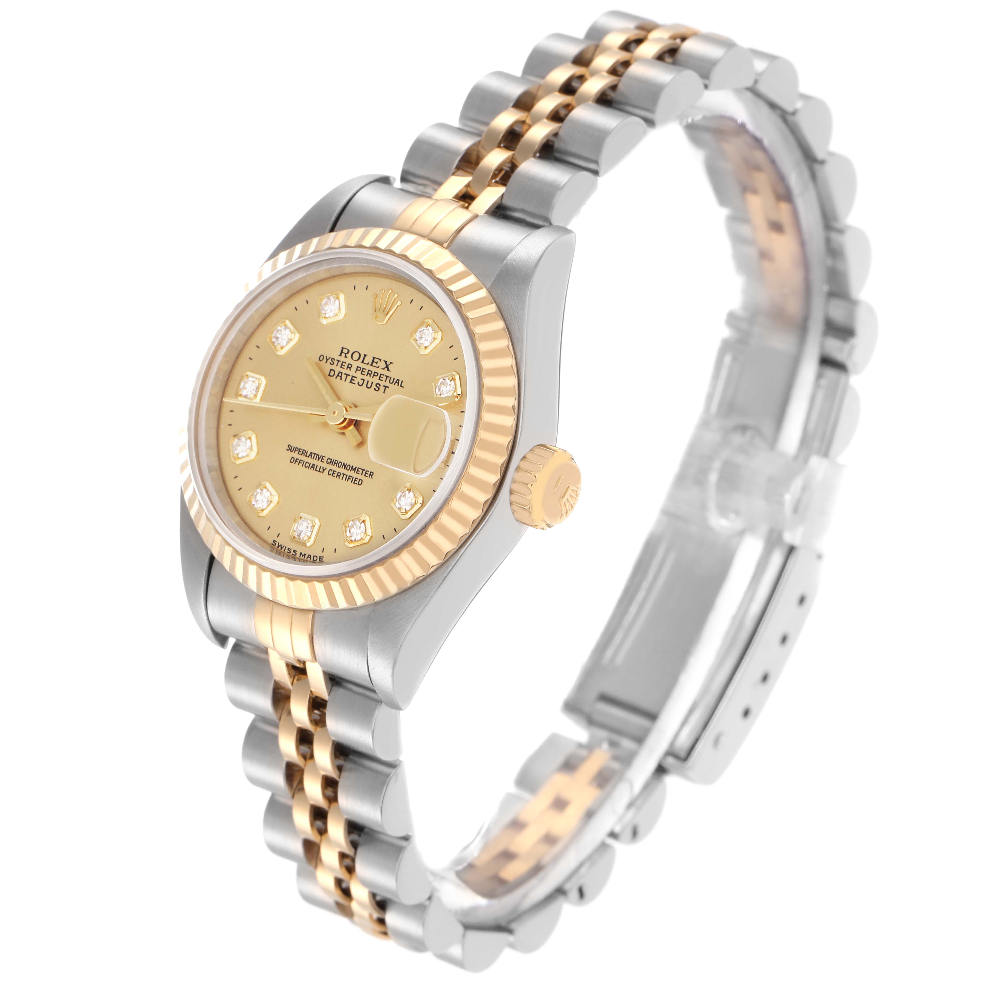 The Rolex Datejust model 69173 is shown at a side angle, highlighting the face, fluted bezel, crown, and two-tone bracelet with jubilee links.
