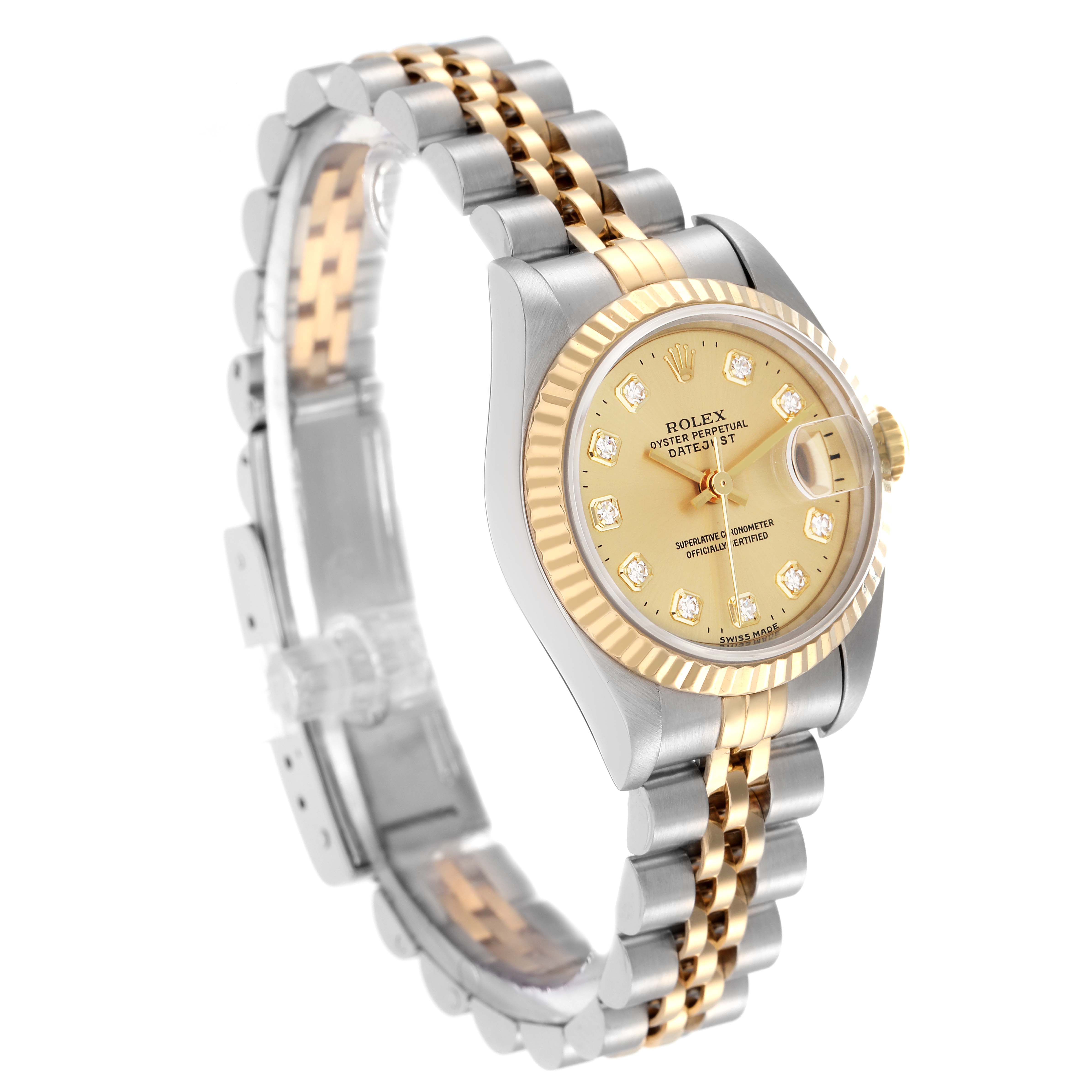 The Rolex Datejust model 69173 men
s watch is shown at an angled view, highlighting the face, bezel, and Jubilee bracelet in gold and silver tones.