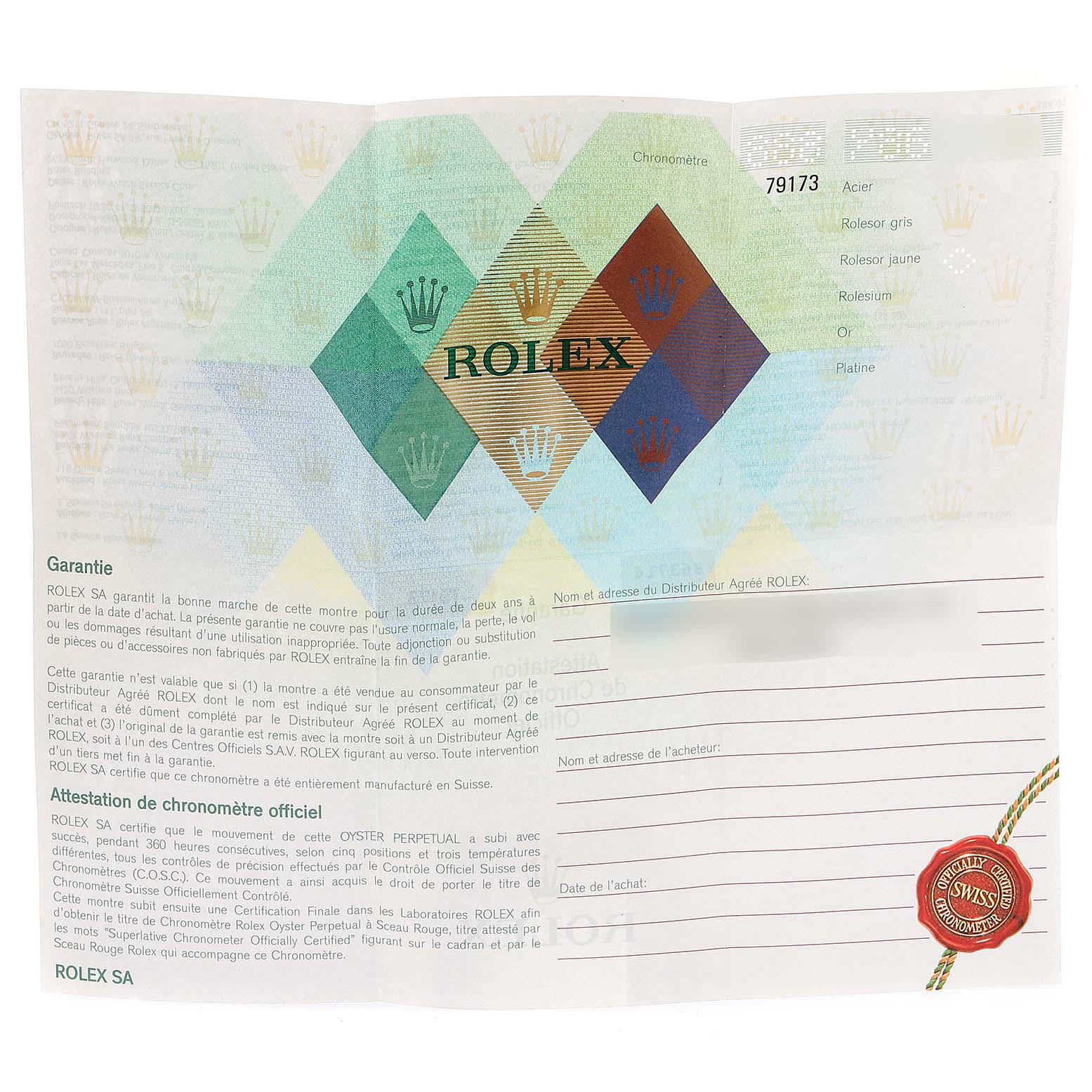 This image shows the official warranty certificate for the Rolex Datejust 79173 Women
s Steel and Gold (two tone) Silver Dial 79173 Women
s Steel and Gold (two tone) Silver Dial model.