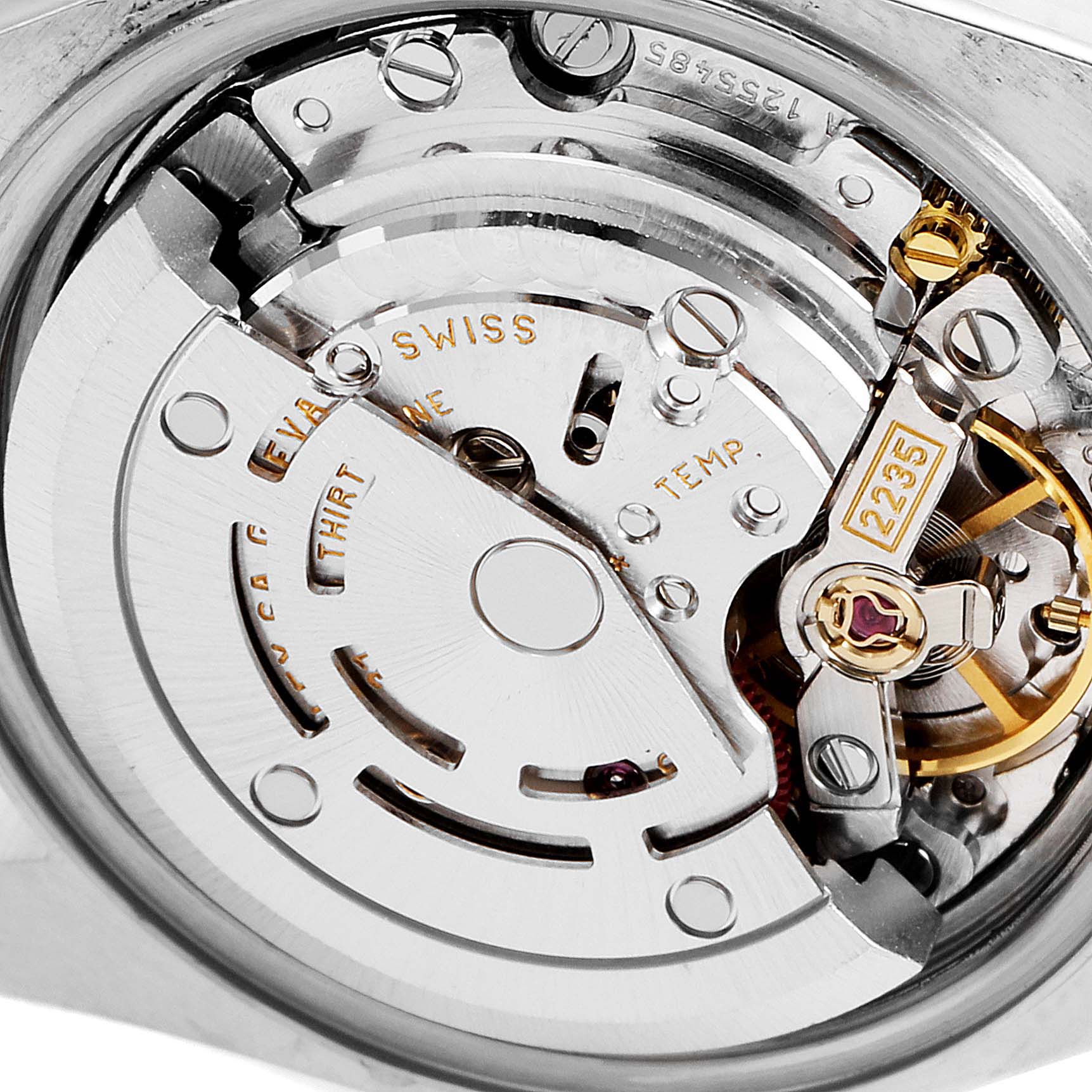 The image shows the internal mechanical movement of a Rolex Datejust 79173 Women
s Steel and Gold (two tone) Silver Dial 79173 Women
s Steel and Gold (two tone) Silver Dial watch, viewed from the back.