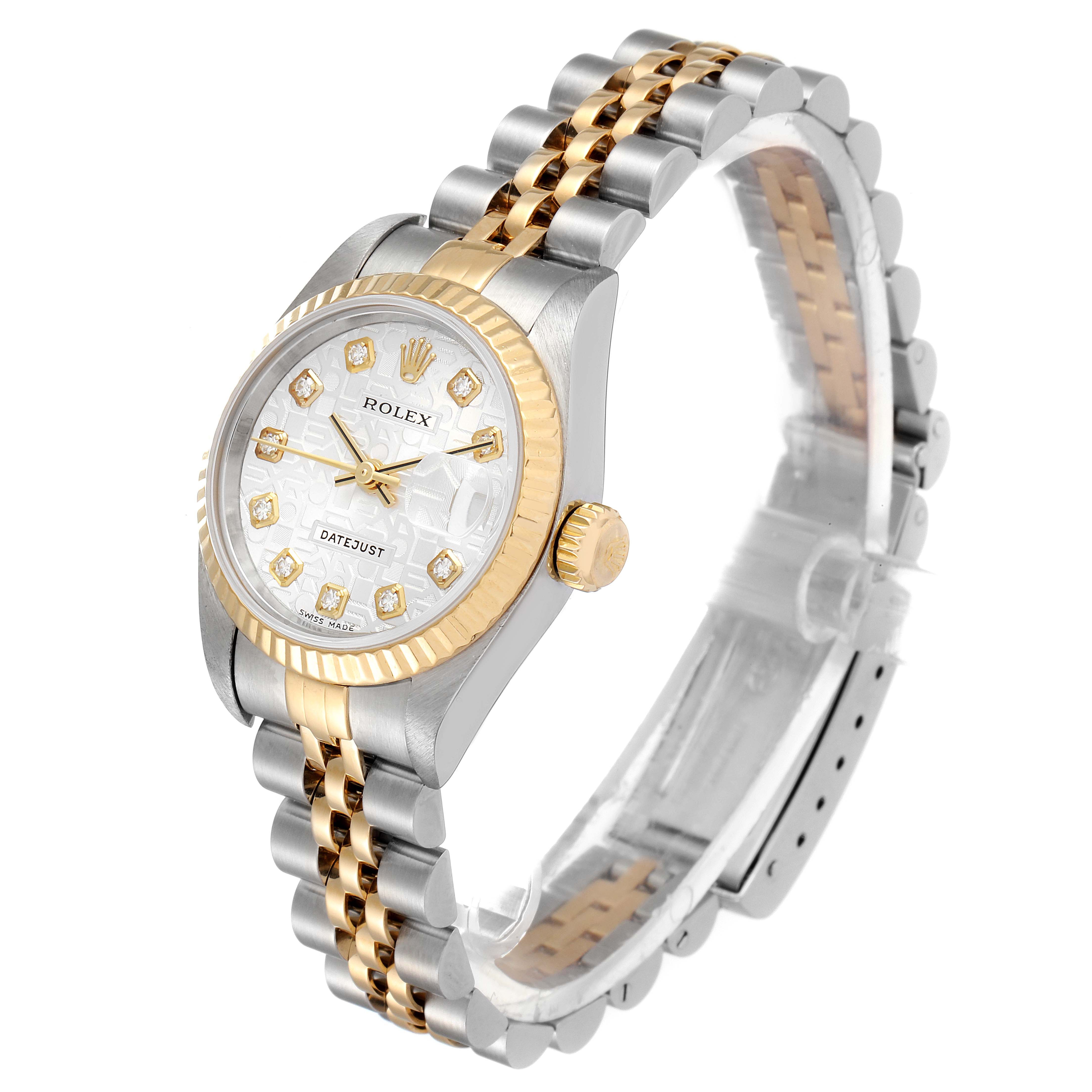 The image displays a Rolex Datejust 79173 Women
s Steel and Gold (two tone) Silver Dial 79173 Women
s Steel and Gold (two tone) Silver Dial watch at a three-quarter angle, highlighting the dial, bezel, crown, and jubilee bracelet.