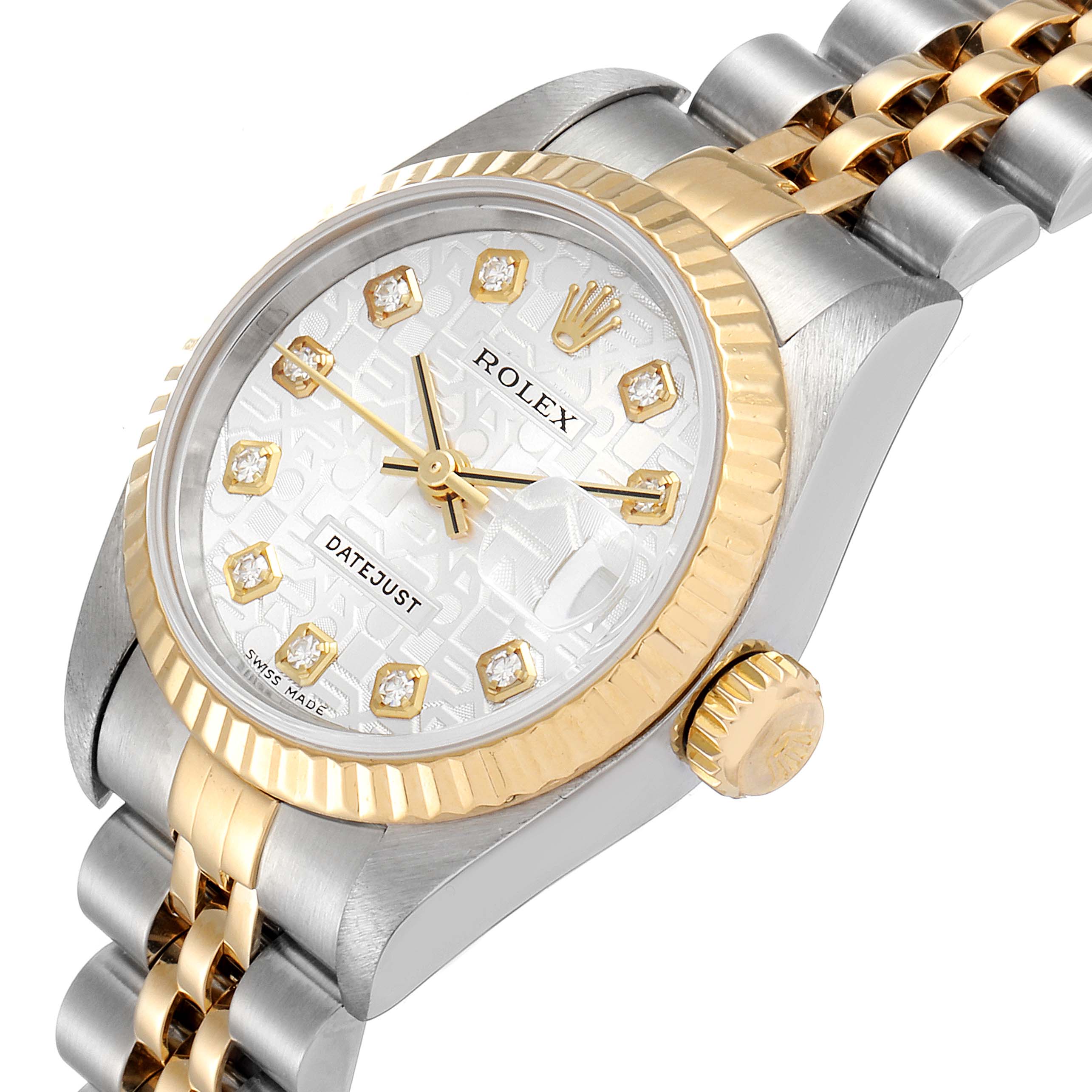 The image shows a Rolex Datejust 79173 Women
s Steel and Gold (two tone) Silver Dial 79173 Women
s Steel and Gold (two tone) Silver Dial watch at a slight angle, highlighting the face, crown, and two-tone bracelet.