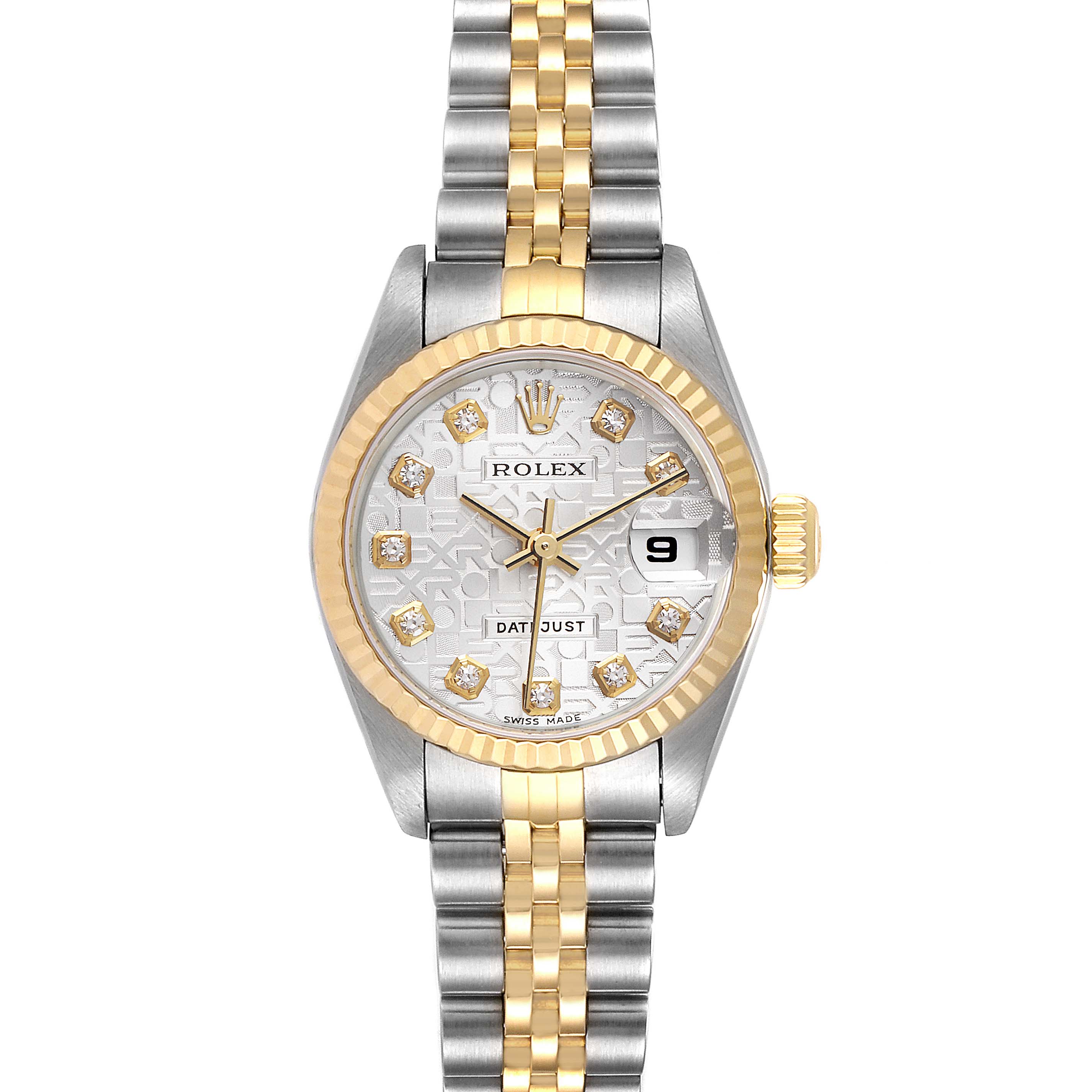 This image shows a Rolex Datejust 79173 Women
s Steel and Gold (two tone) Silver Dial 79173 Women
s Steel and Gold (two tone) Silver Dial watch with a gold and silver bezel and bracelet from a front view.