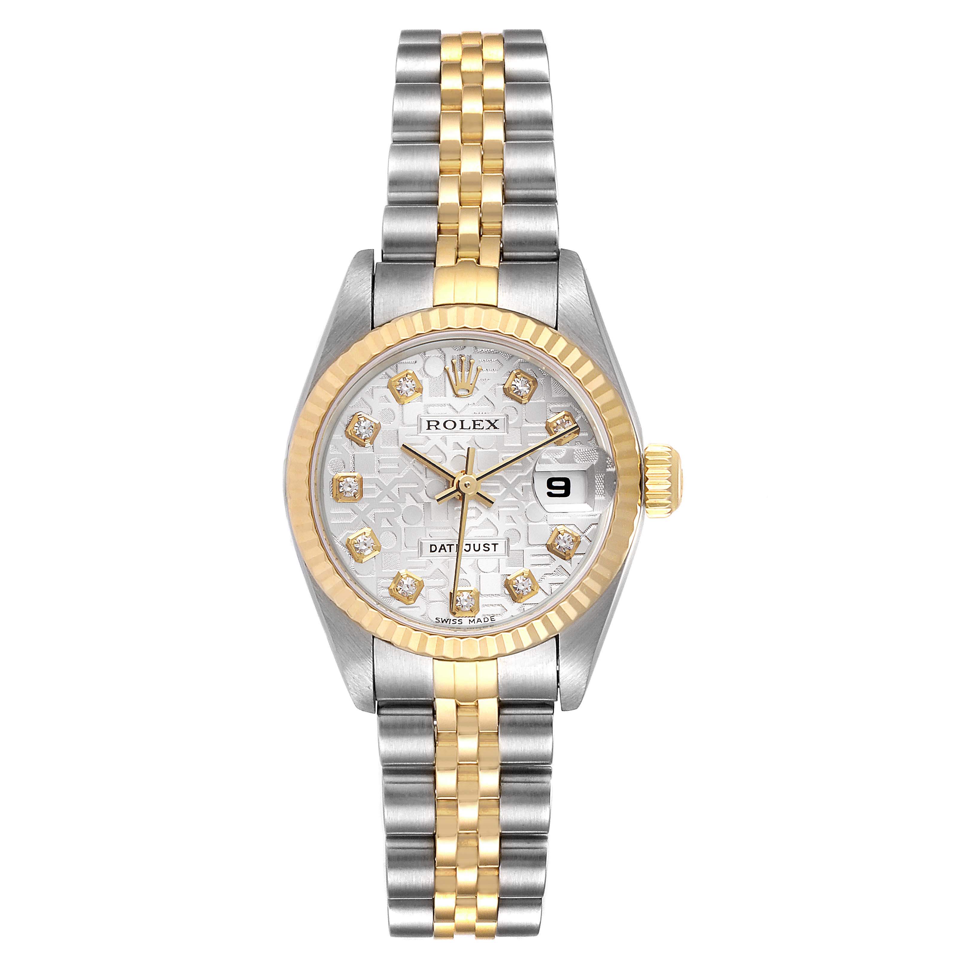 The image shows a front view of the Rolex Datejust 79173 Women
s Steel and Gold (two tone) Silver Dial 79173 Women
s Steel and Gold (two tone) Silver Dial watch, highlighting its dial, bezel, and two-tone bracelet.