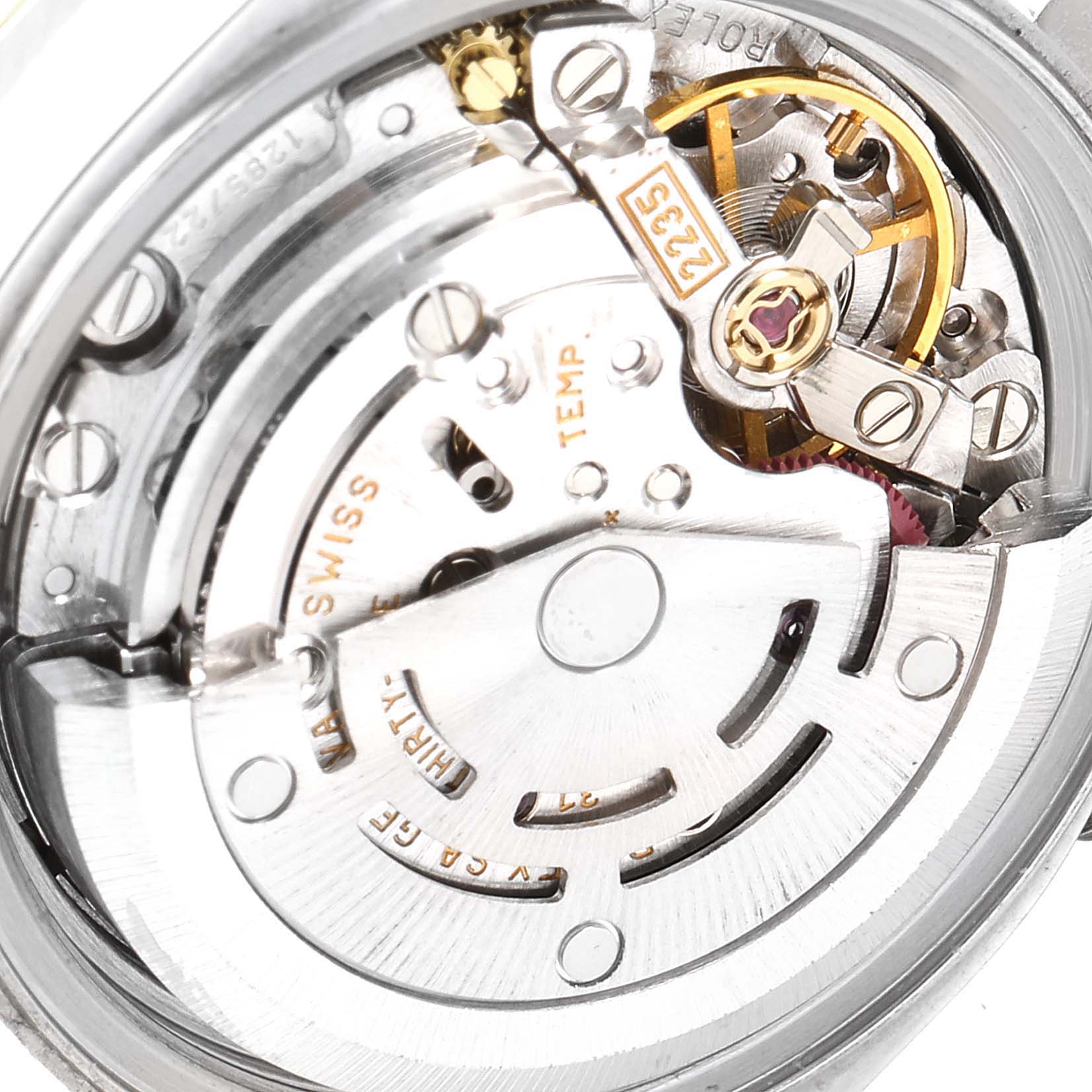 This image shows a close-up of the movement mechanism inside a Rolex Datejust 79173 Women
s Steel and Gold (two tone) Grey Dial 79173 Women
s Steel and Gold (two tone) Grey Dial watch.