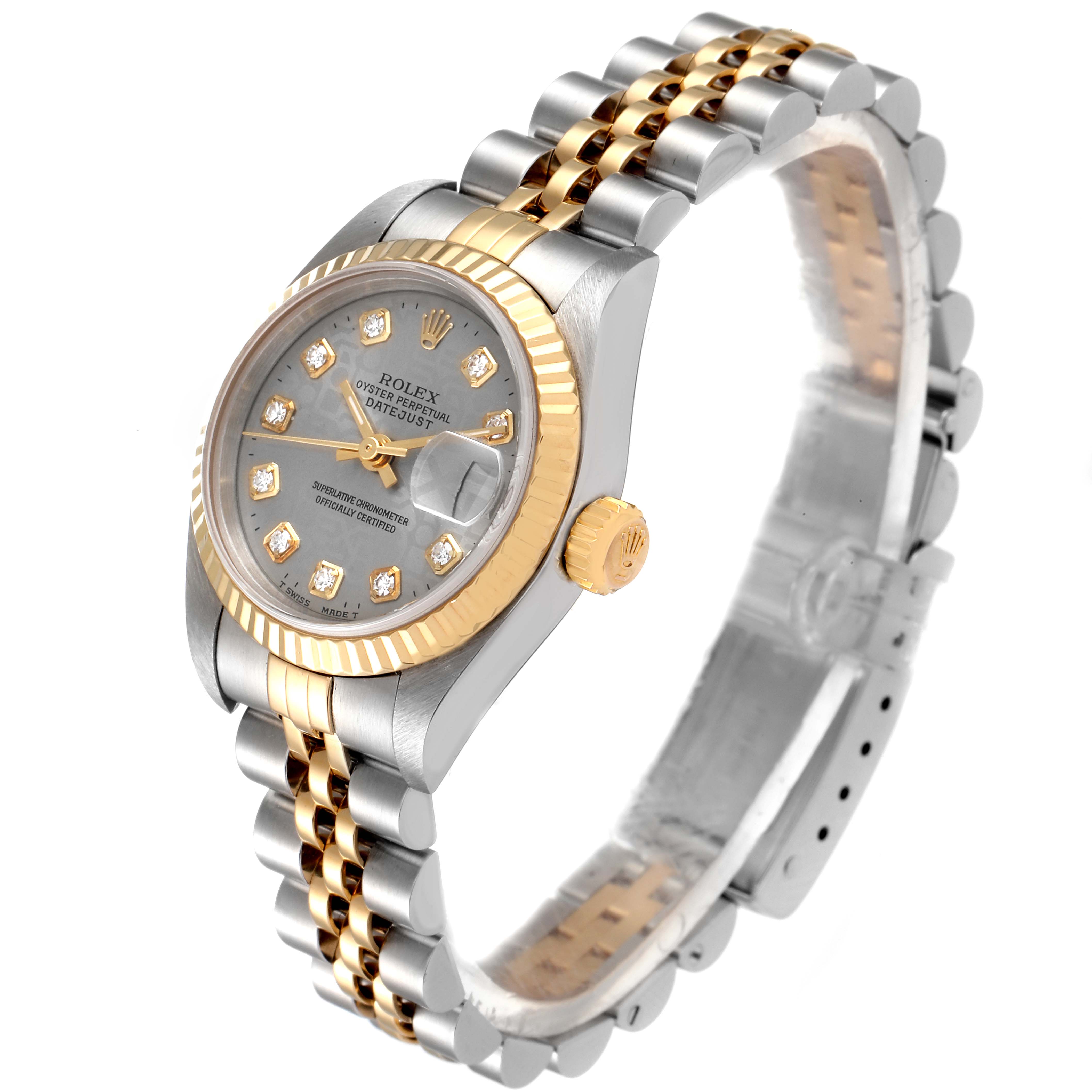 This image shows a side angle of a Rolex Datejust 79173 Women
s Steel and Gold (two tone) Grey Dial 79173 Women
s Steel and Gold (two tone) Grey Dial watch, highlighting its jubilee bracelet, fluted bezel, and diamond dial.