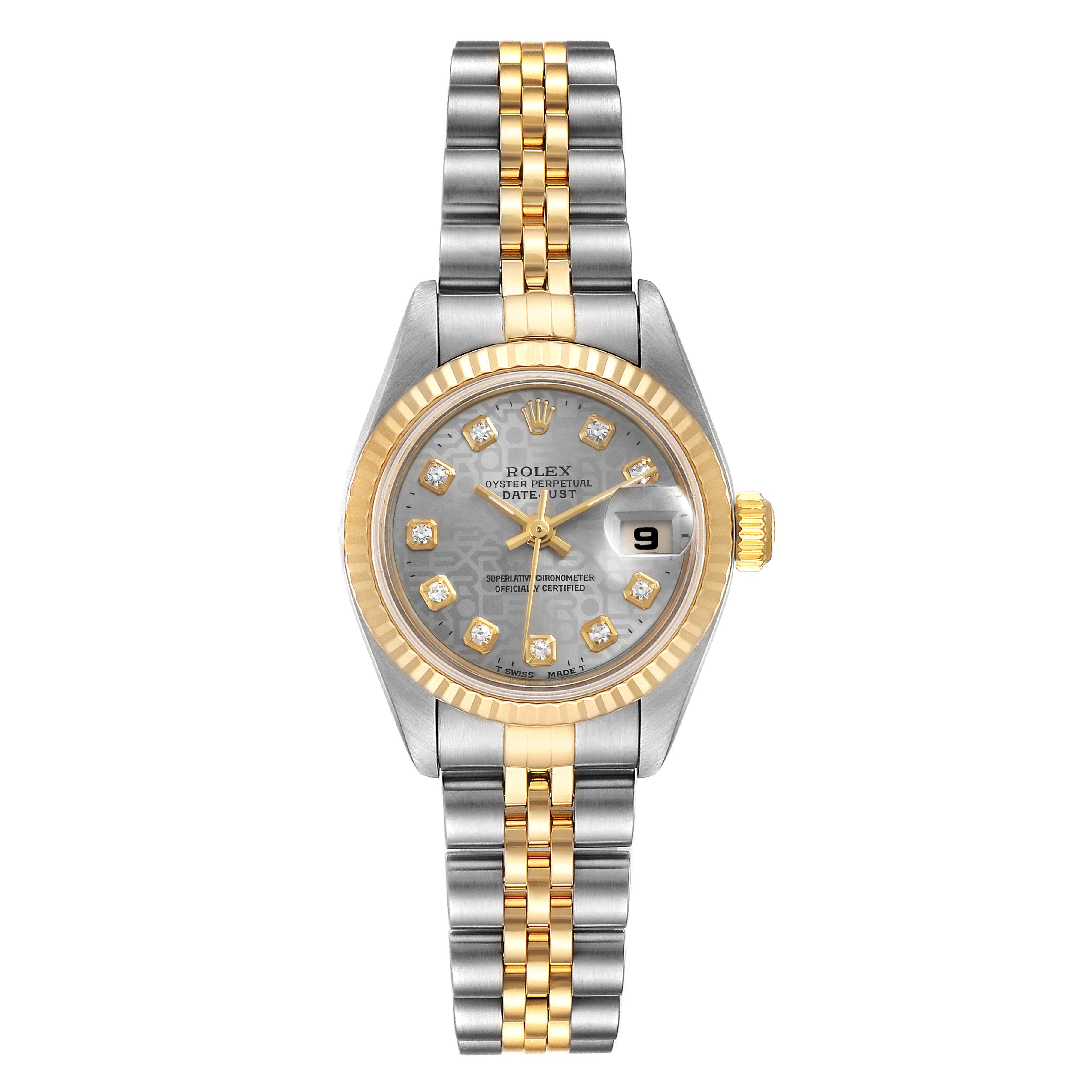 The Rolex Datejust 79173 Women
s Steel and Gold (two tone) Grey Dial 79173 Women
s Steel and Gold (two tone) Grey Dial watch is shown from the front, displaying the dial, two-tone bracelet, bezel, and date window.