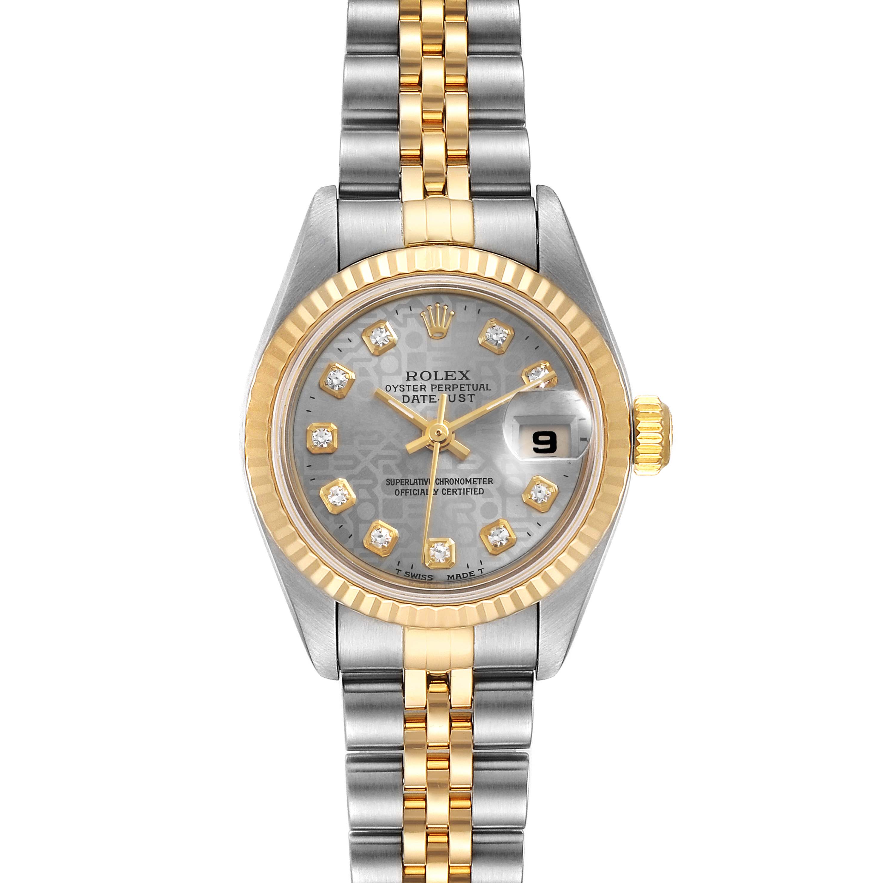This image shows a front view of a Rolex Datejust 79173 Women
s Steel and Gold (two tone) Grey Dial 79173 Women
s Steel and Gold (two tone) Grey Dial watch, displaying its dial, hands, date window, bezel, and bracelet.