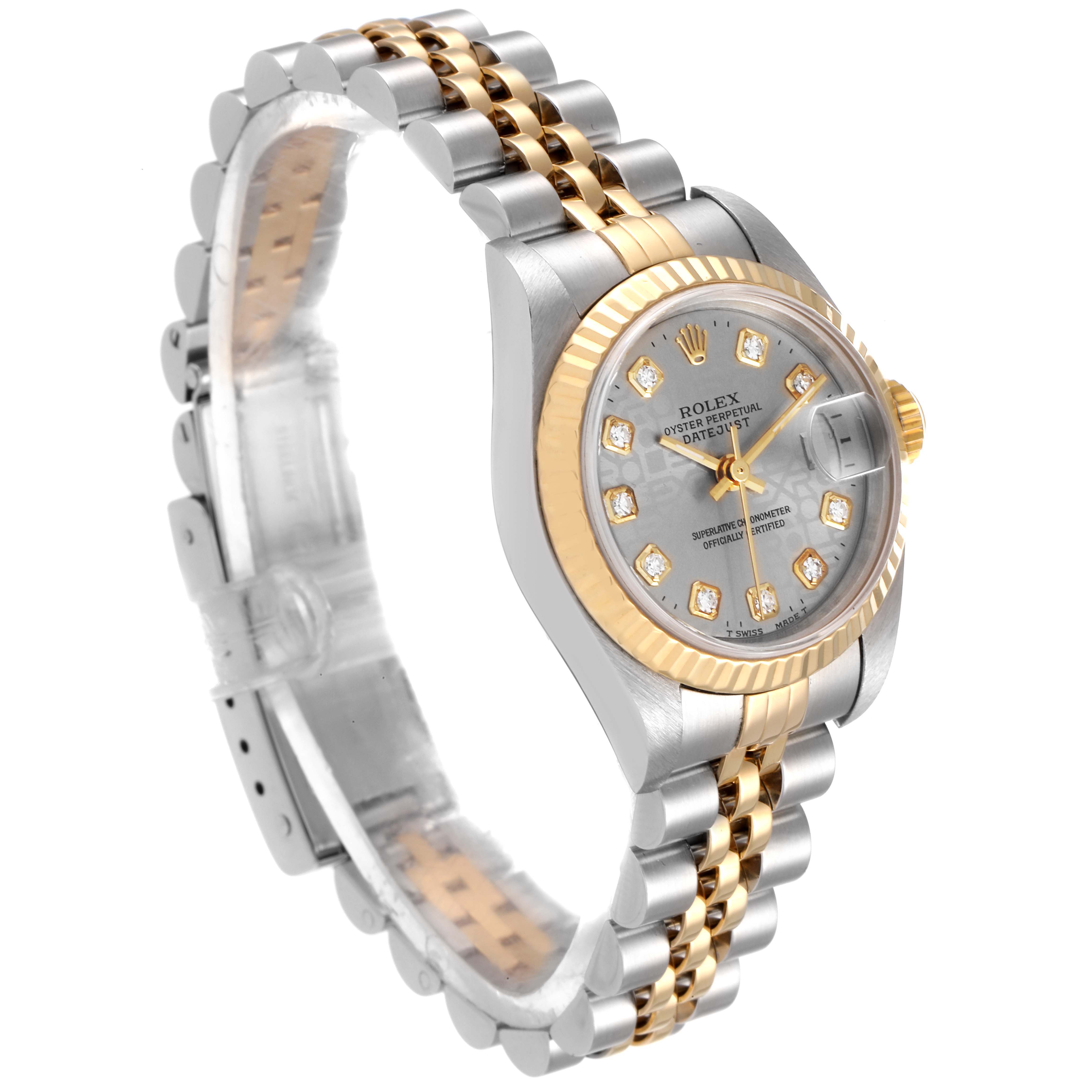 This image shows a Rolex Datejust 79173 Women
s Steel and Gold (two tone) Grey Dial 79173 Women
s Steel and Gold (two tone) Grey Dial from a side angle, highlighting the bracelet, dial, and fluted bezel.
