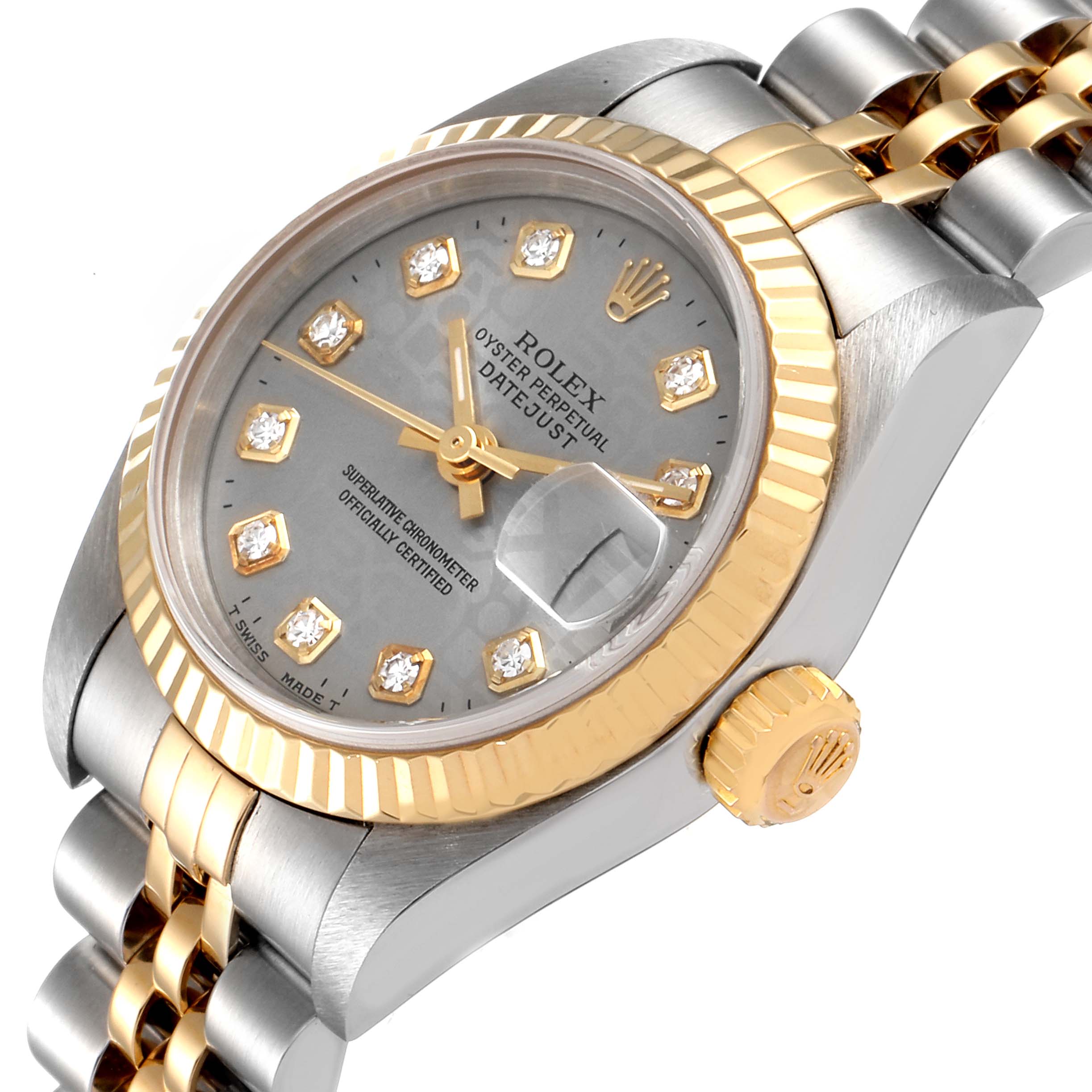 The image shows a close-up angle of a Rolex Datejust 79173 Women
s Steel and Gold (two tone) Grey Dial 79173 Women
s Steel and Gold (two tone) Grey Dial watch highlighting the dial, bezel, crown, and part of the bracelet.