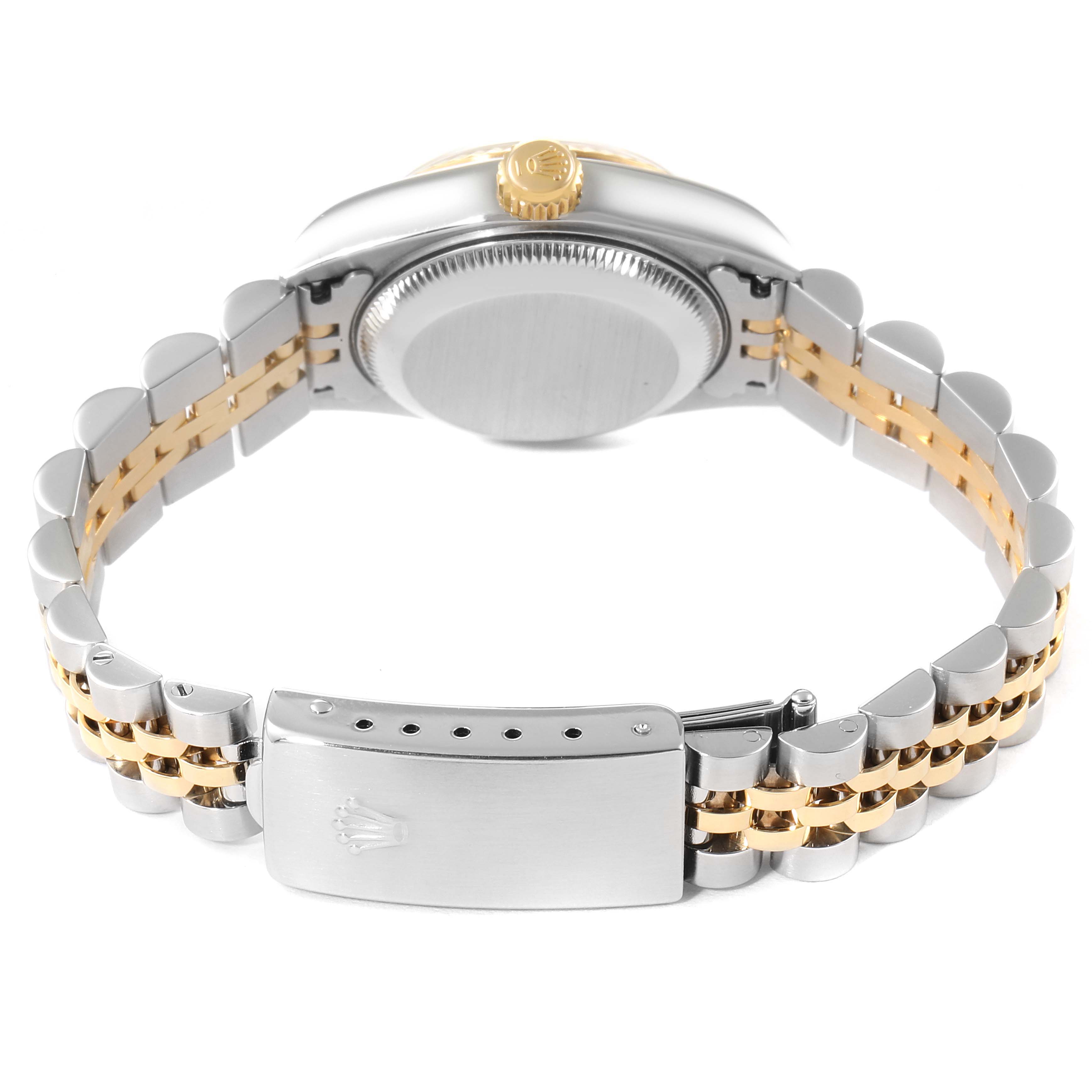 The image shows the back view of a Rolex Datejust 79173 Women
s Steel and Gold (two tone) Grey Dial 79173 Women
s Steel and Gold (two tone) Grey Dial watch, highlighting the clasp, bracelet, case back, and crown.