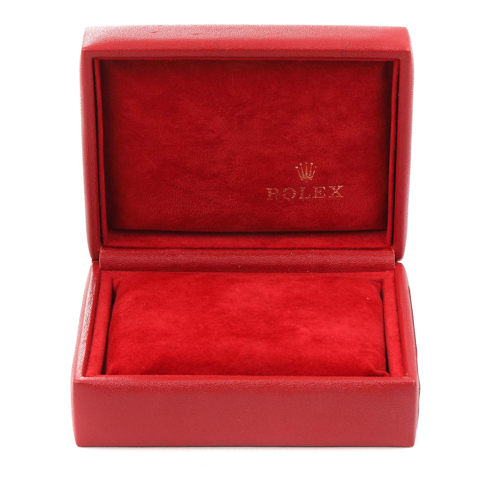 This is an empty red Rolex watch box with the logo stamped inside, designed to hold the Datejust model.