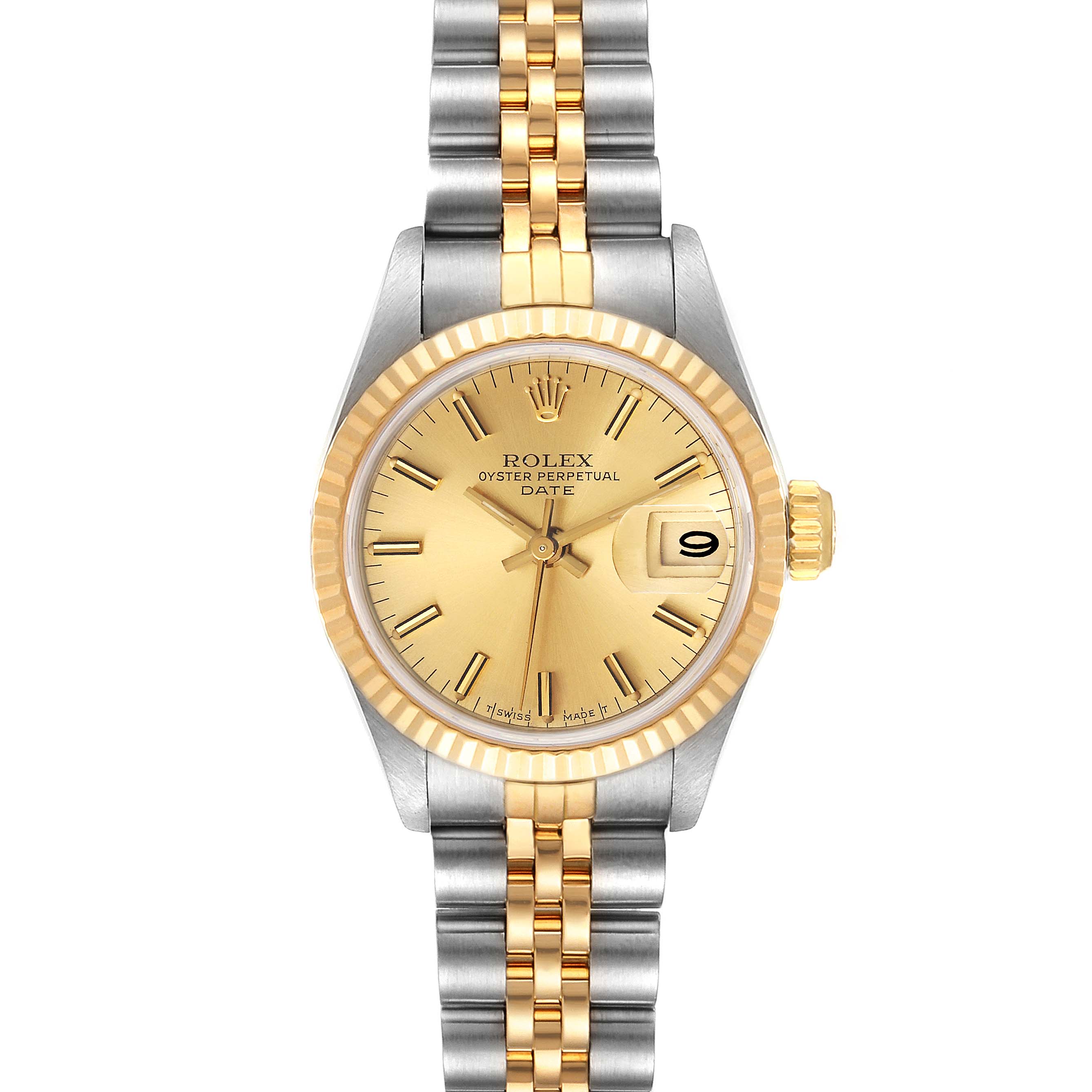 The image shows a front view of a Rolex Datejust 69173 Women
s Steel and Gold (two tone) Champagne Dial 69173 Women
s Steel and Gold (two tone) Champagne Dial watch, highlighting its gold dial, date window, and two-tone bracelet.