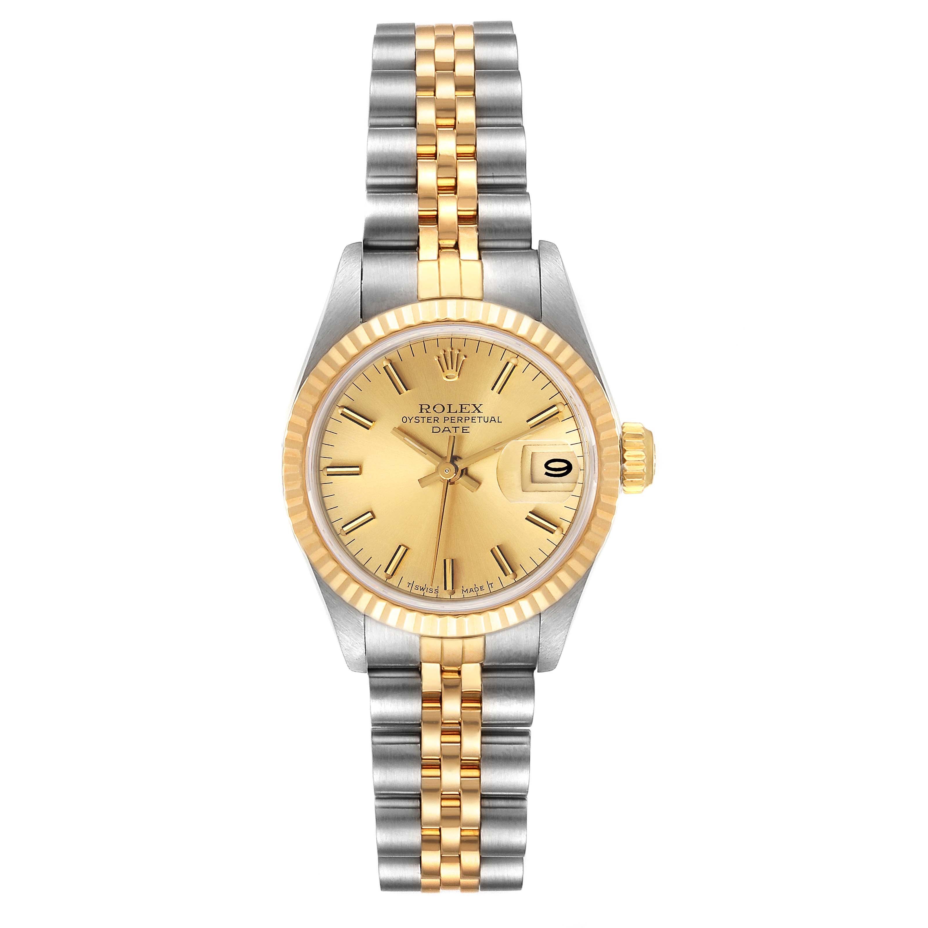 The image shows a Rolex Datejust 69173 Women
s Steel and Gold (two tone) Champagne Dial 69173 Women
s Steel and Gold (two tone) Champagne Dial watch from a front angle, highlighting the face, bezel, crown, and bracelet.