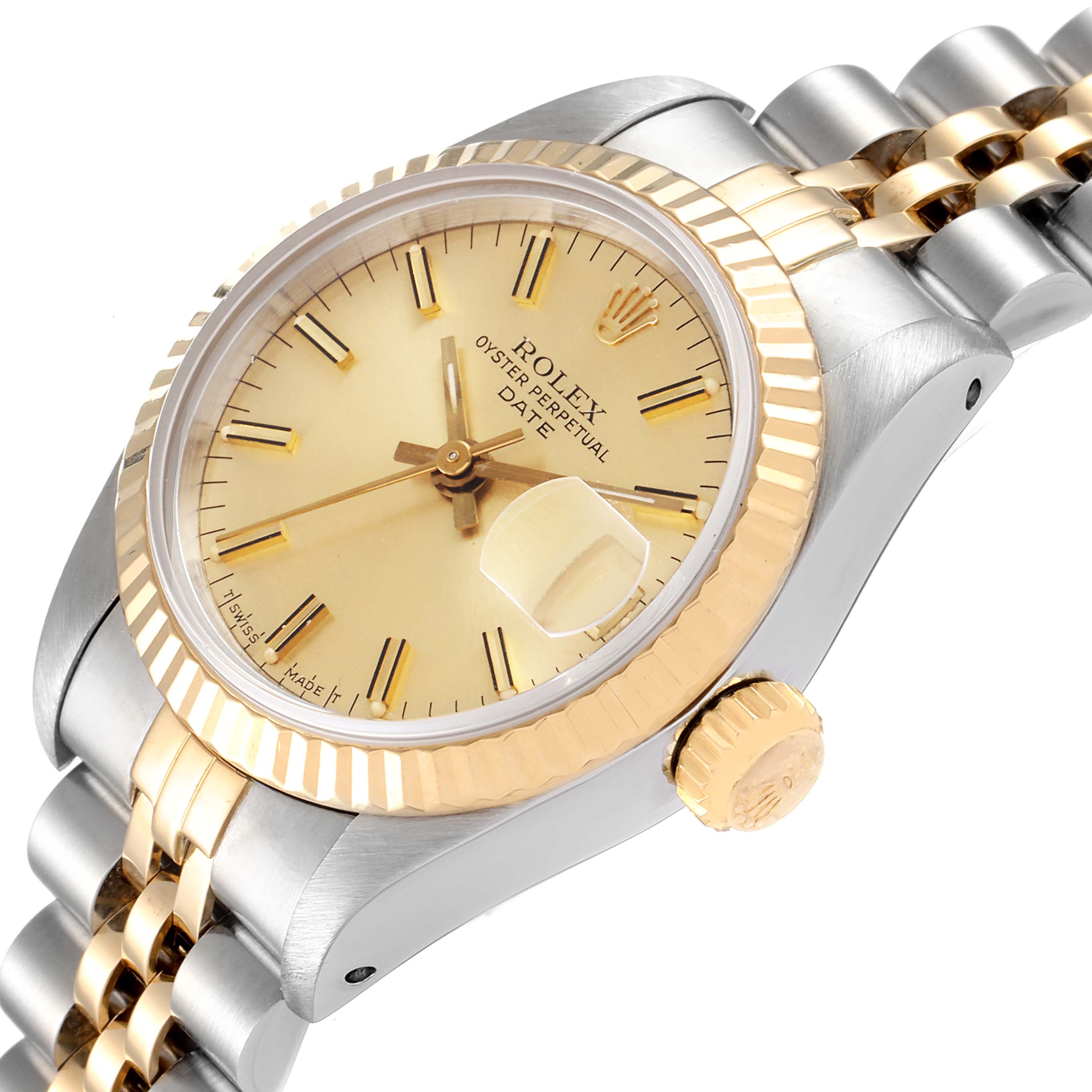 The image shows a Rolex Datejust 69173 Women
s Steel and Gold (two tone) Champagne Dial 69173 Women
s Steel and Gold (two tone) Champagne Dial watch at a slight angle, highlighting the dial, bezel, and partially the bracelet.