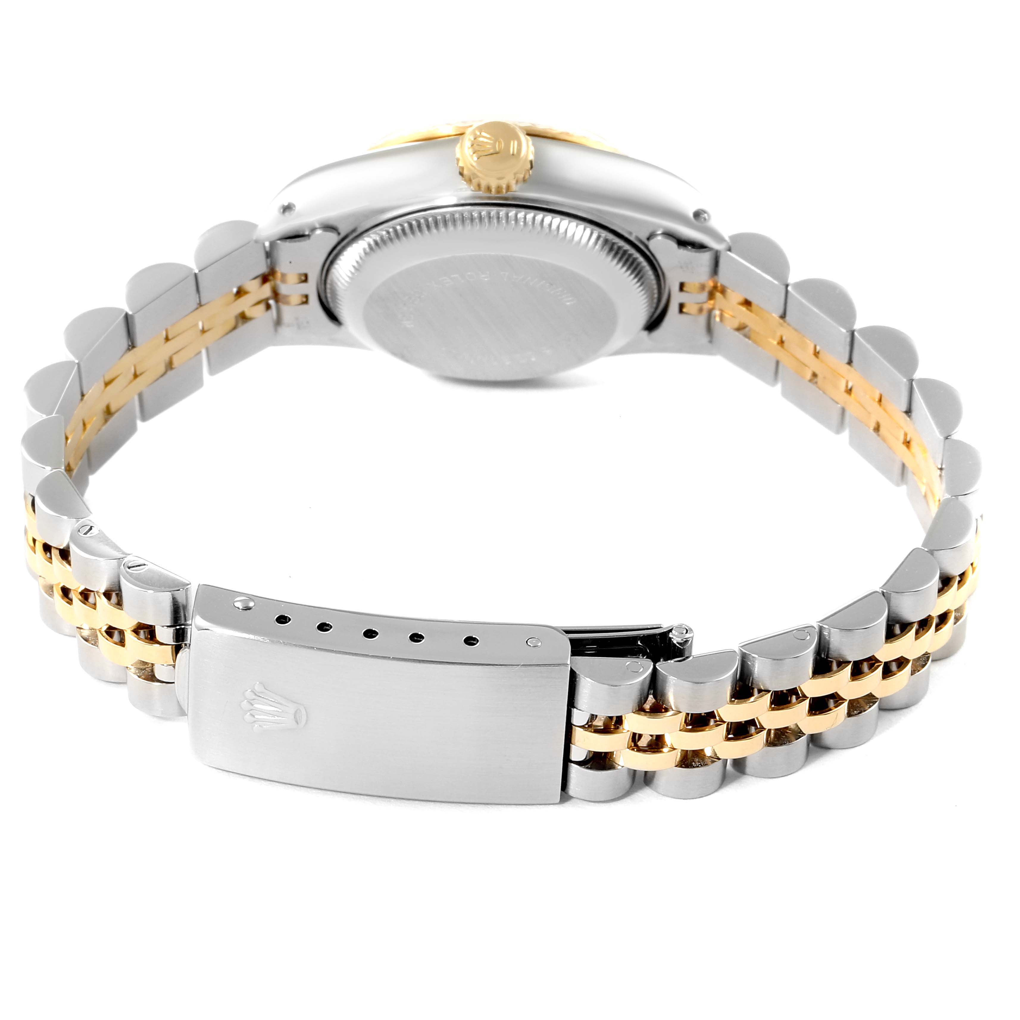The image shows the back view of a Rolex Datejust 69173 Women
s Steel and Gold (two tone) Champagne Dial 69173 Women
s Steel and Gold (two tone) Champagne Dial watch, highlighting its crown, case back, and the two-tone Jubilee bracelet clasp.