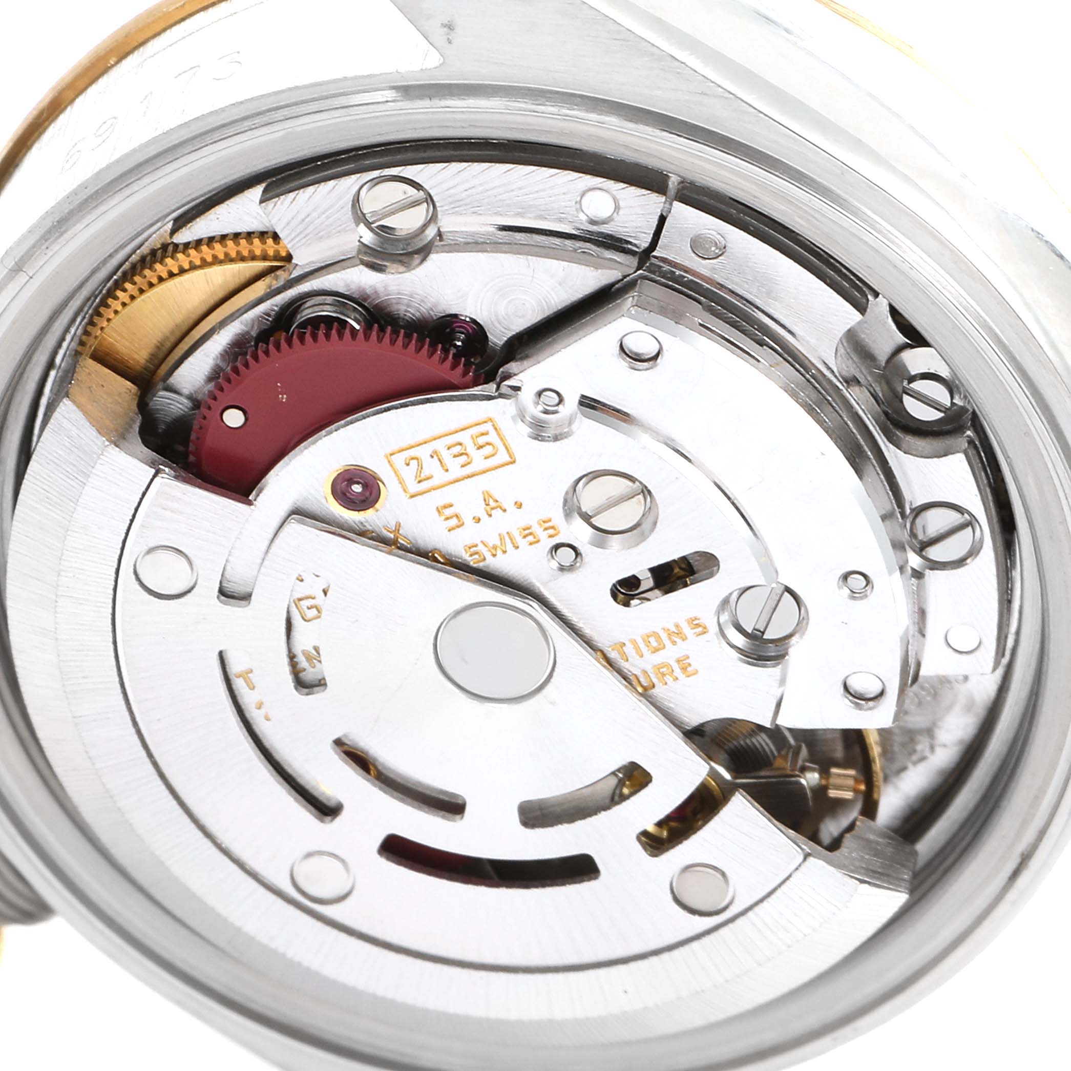 The image shows the internal movement mechanism of a Rolex Datejust 69173 Women
s Steel and Gold (two tone) Champagne Dial 69173 Women
s Steel and Gold (two tone) Champagne Dial watch, viewed from the back.
