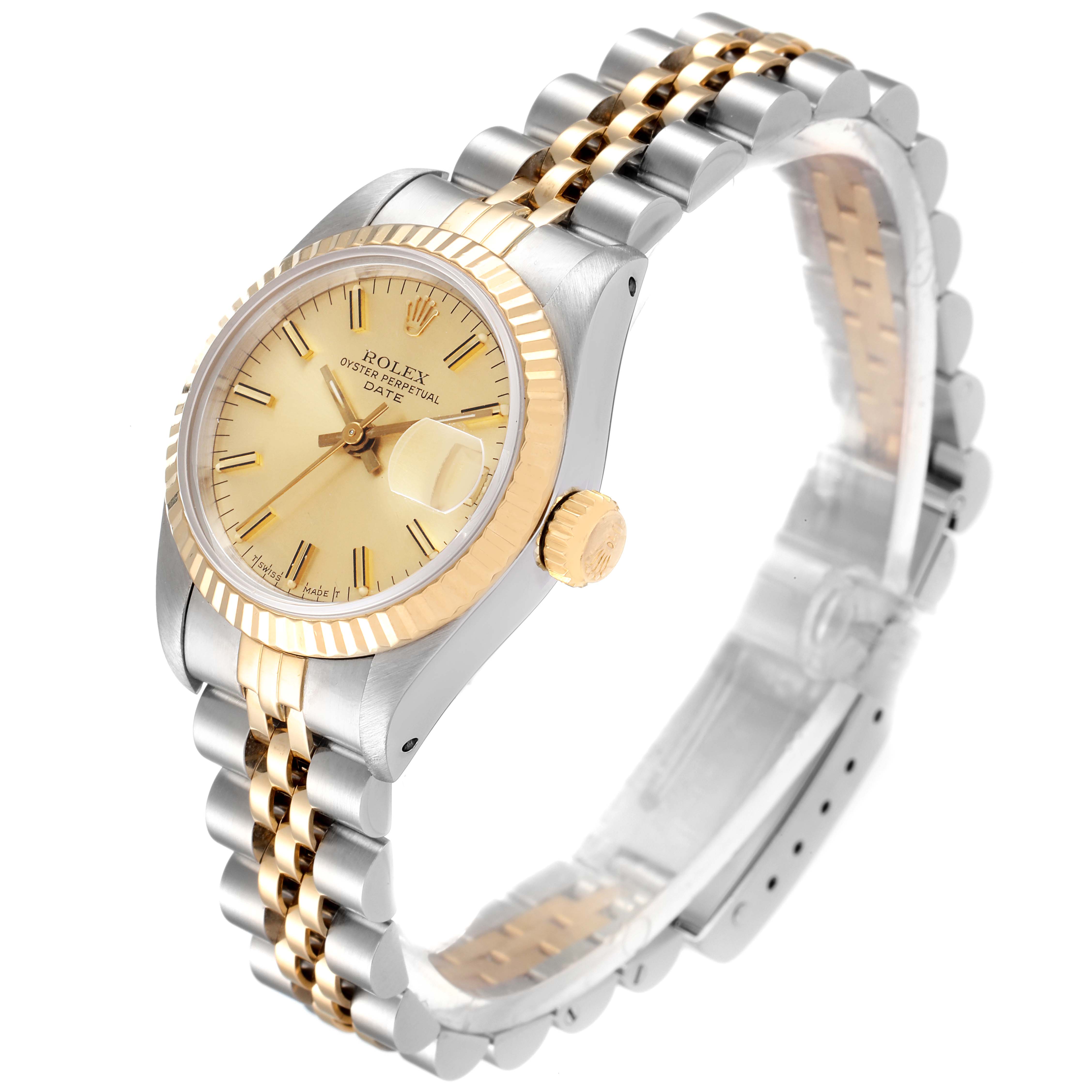 The image shows a Rolex Datejust 69173 Women
s Steel and Gold (two tone) Champagne Dial 69173 Women
s Steel and Gold (two tone) Champagne Dial model from a front angle, highlighting the watch face, bezel, and part of the bracelet.