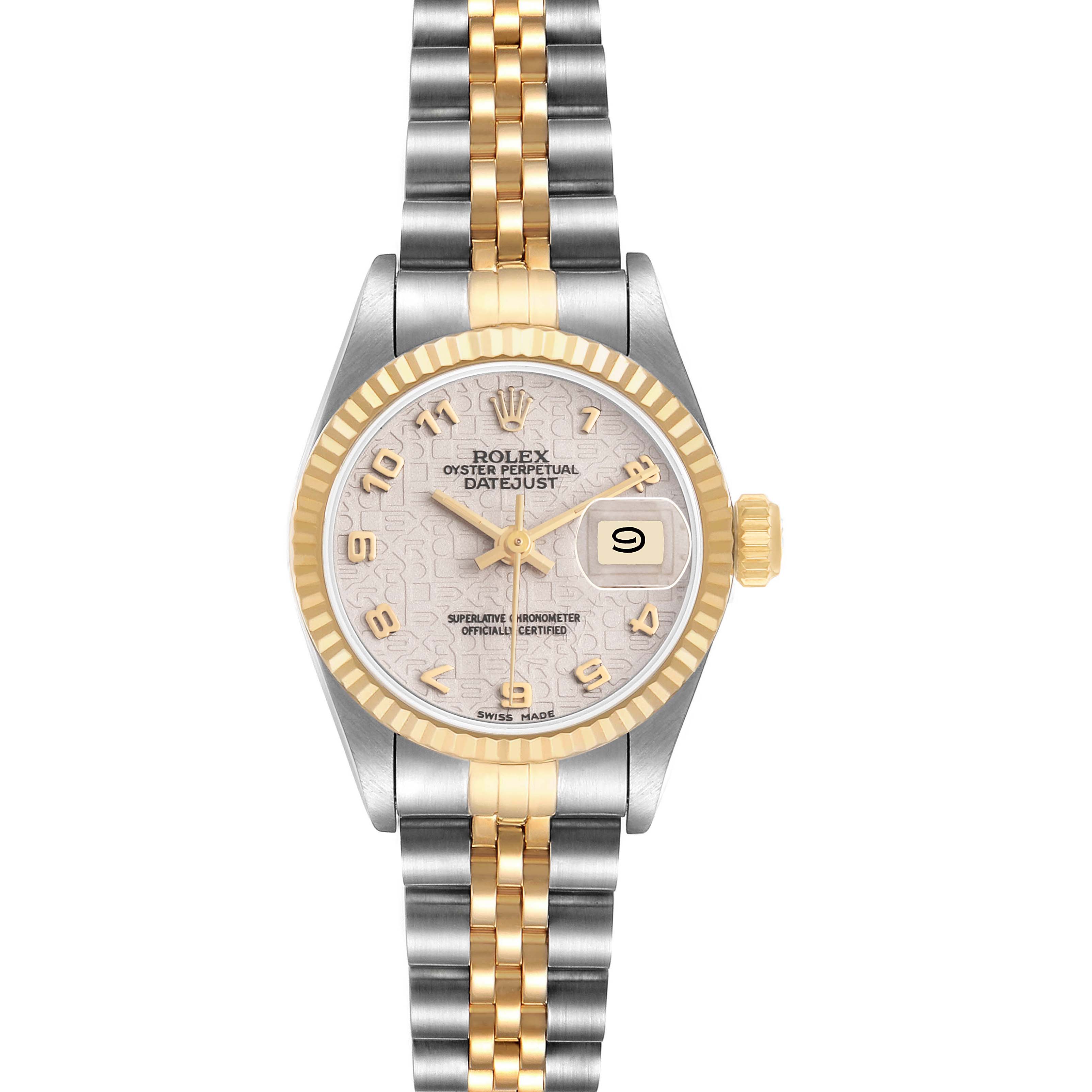 The Rolex Datejust 79173 Women's Steel and Gold (two tone) White Dial watch is shown from a front angle, highlighting the dial, bezel, bracelet, and date window.