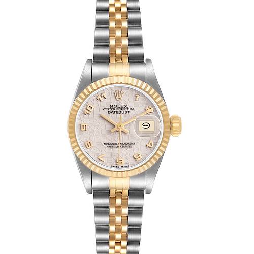 The Rolex Datejust 79173 Women's Steel and Gold (two tone) White Dial watch is shown from a front view, highlighting its dial, bezel, case, and bracelet.